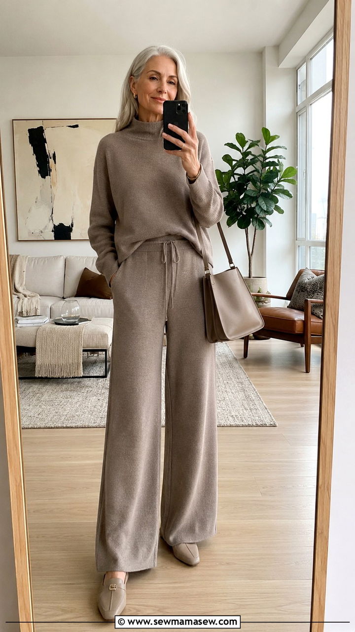 Woman over 50 in oatmeal matching knit set for Friendsgiving