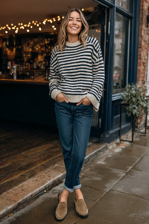 Pretty knit sweater with dark jeans and loafers for Friendsgiving