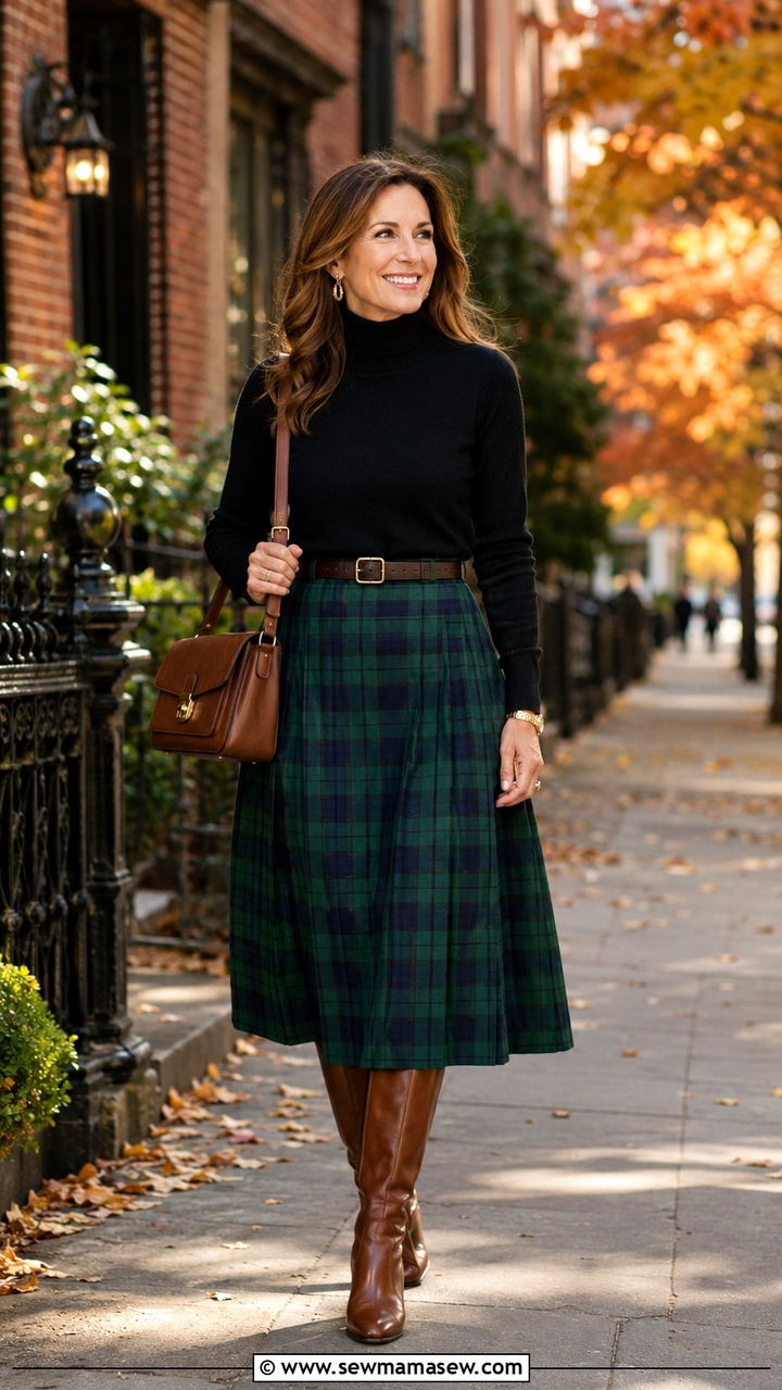 Plaid midi skirt with black turtleneck and knee-high boots for Friendsgiving