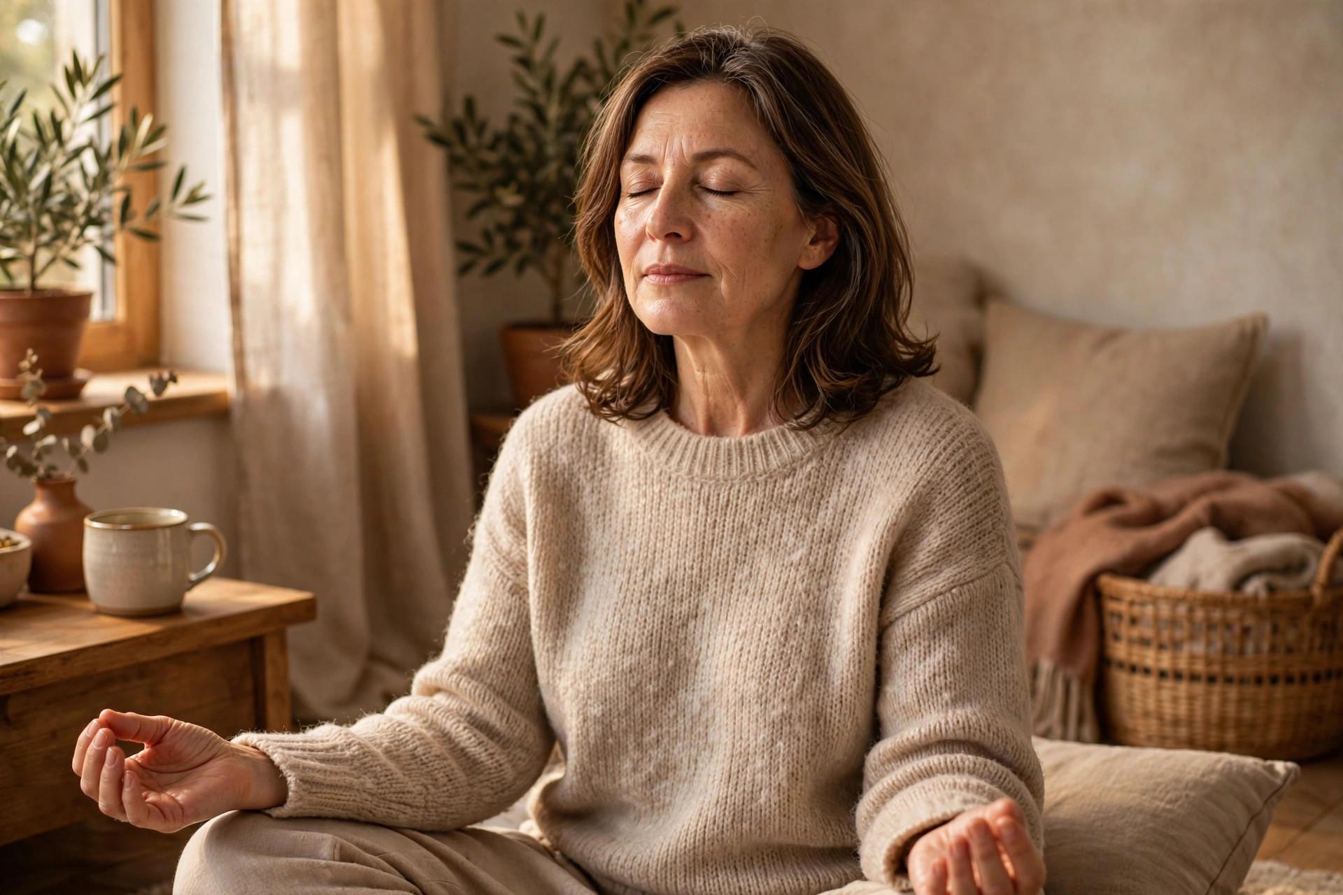 Woman in her 50s doing seated breathing exercise