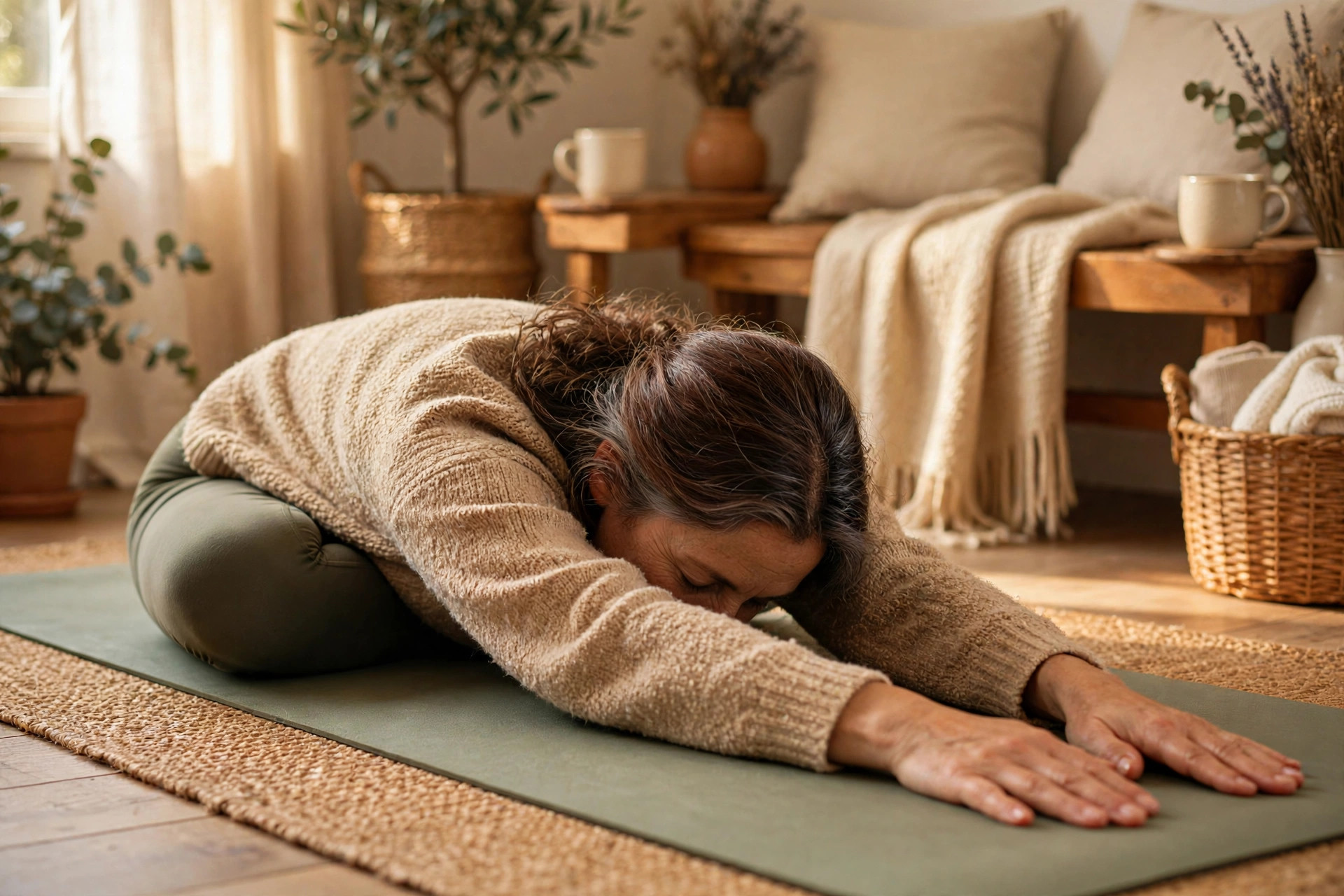 Woman in her 50s resting in child's pose