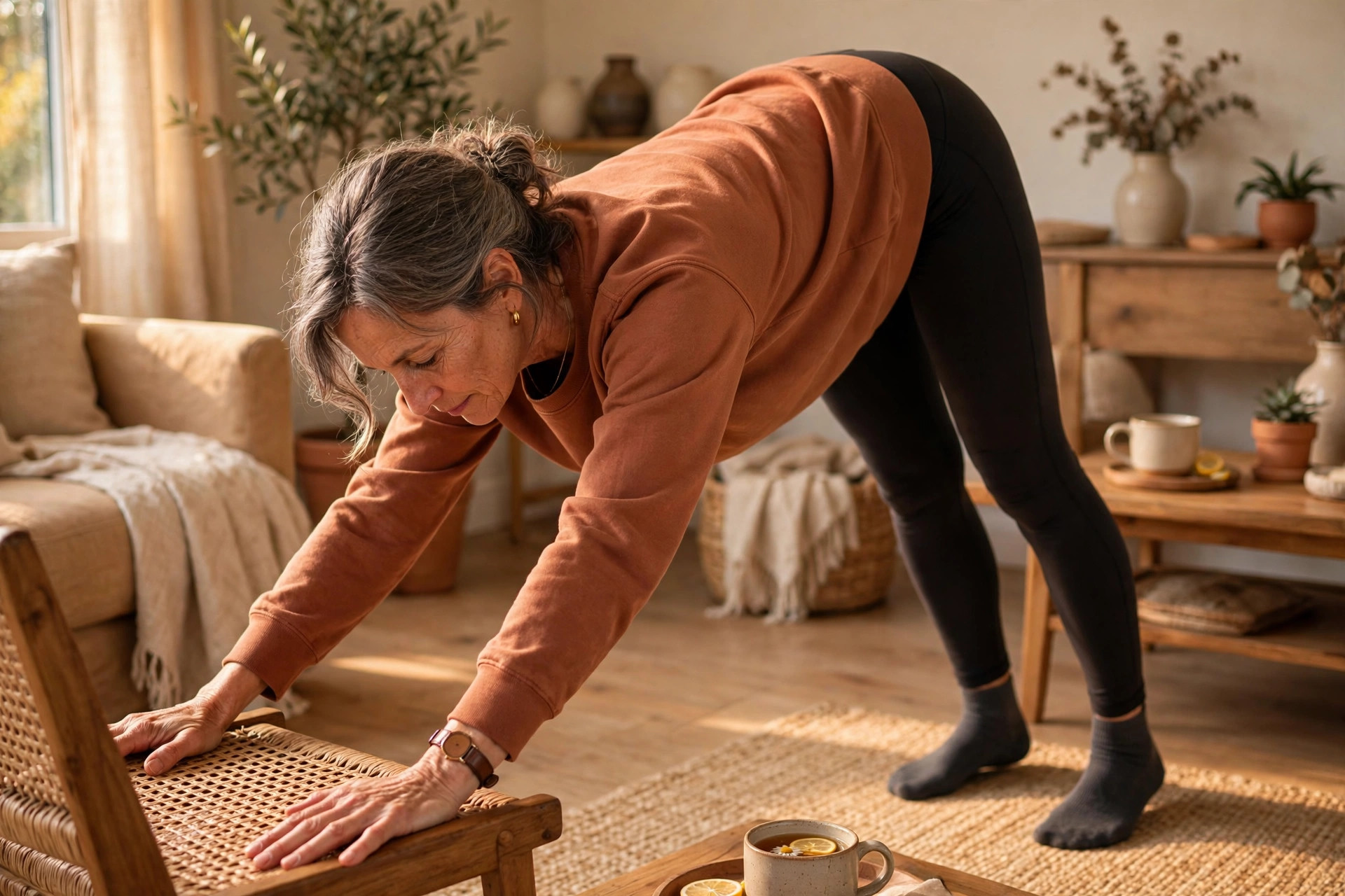 Woman in her 50s doing chair-assisted downward dog
