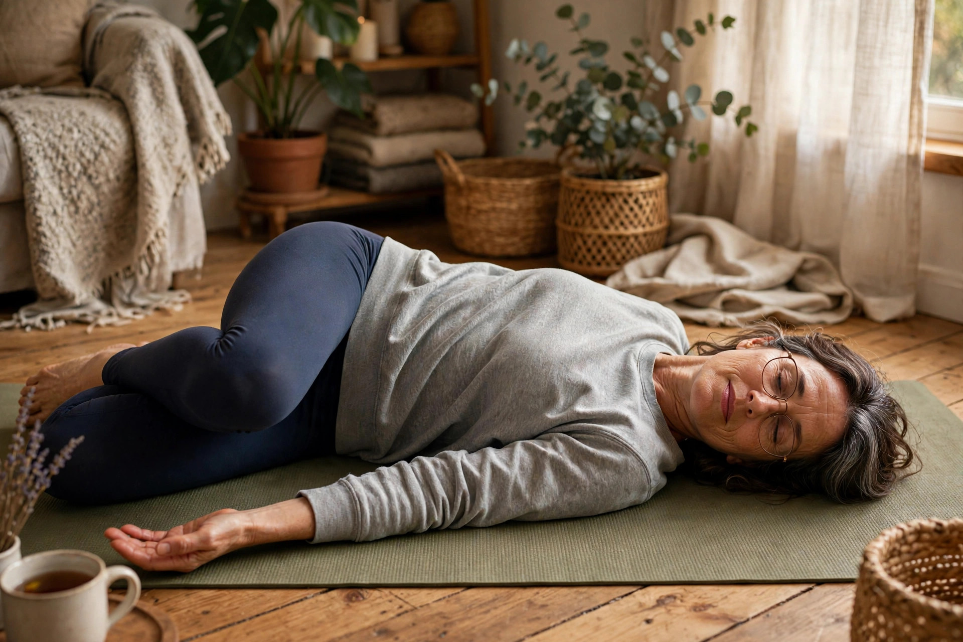 Woman in her 50s doing supine twist