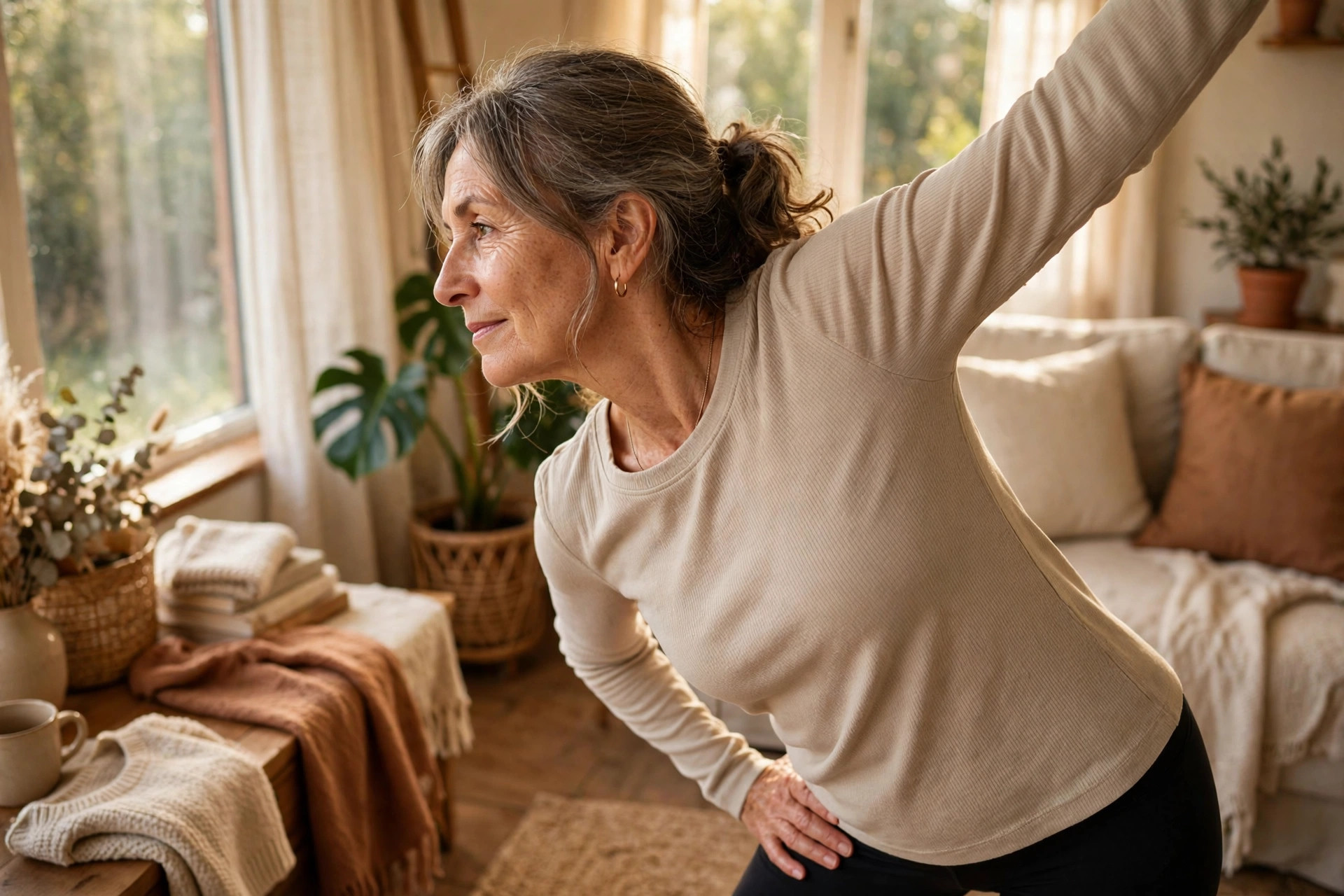 Woman in her 50s doing standing side stretch