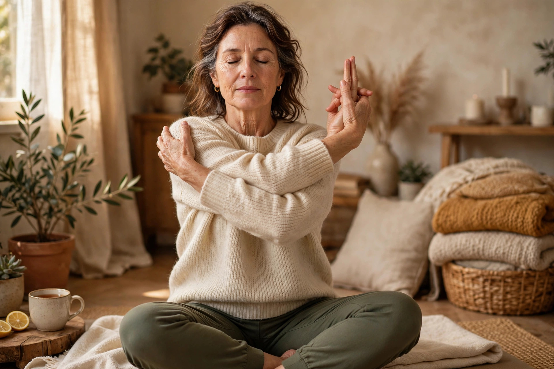 Woman in her 50s doing eagle arms stretch