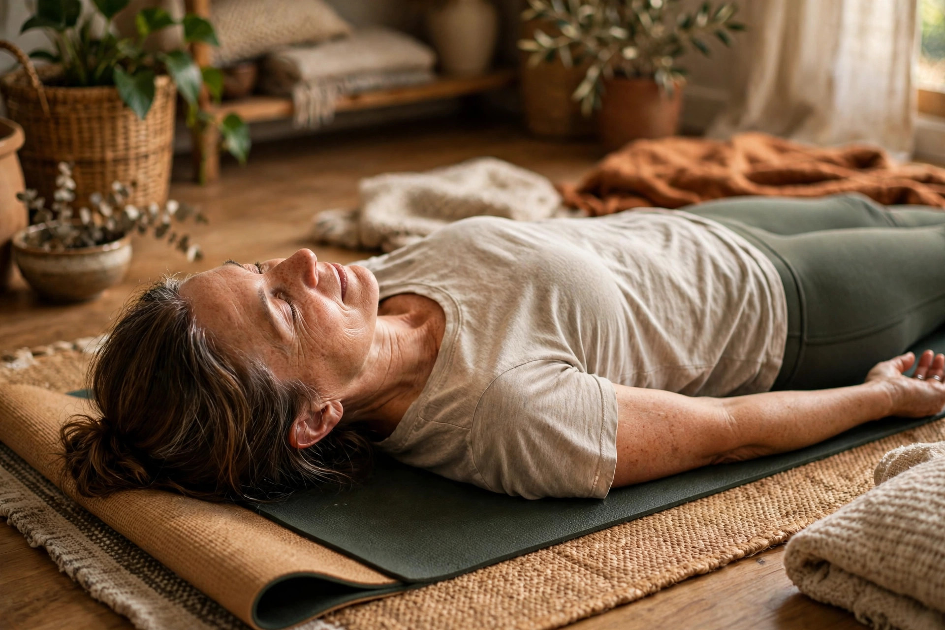 Woman in her 50s resting in savasana