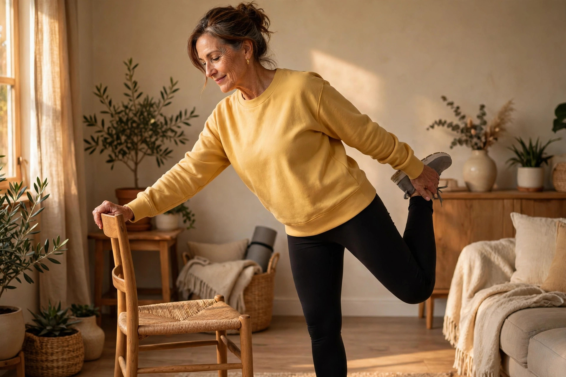 Woman in her 50s doing standing quad stretch