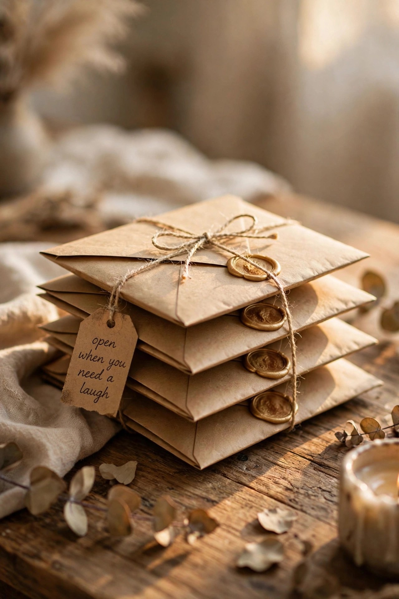 Stack of sealed open when letters with handwritten labels, best friend gift
