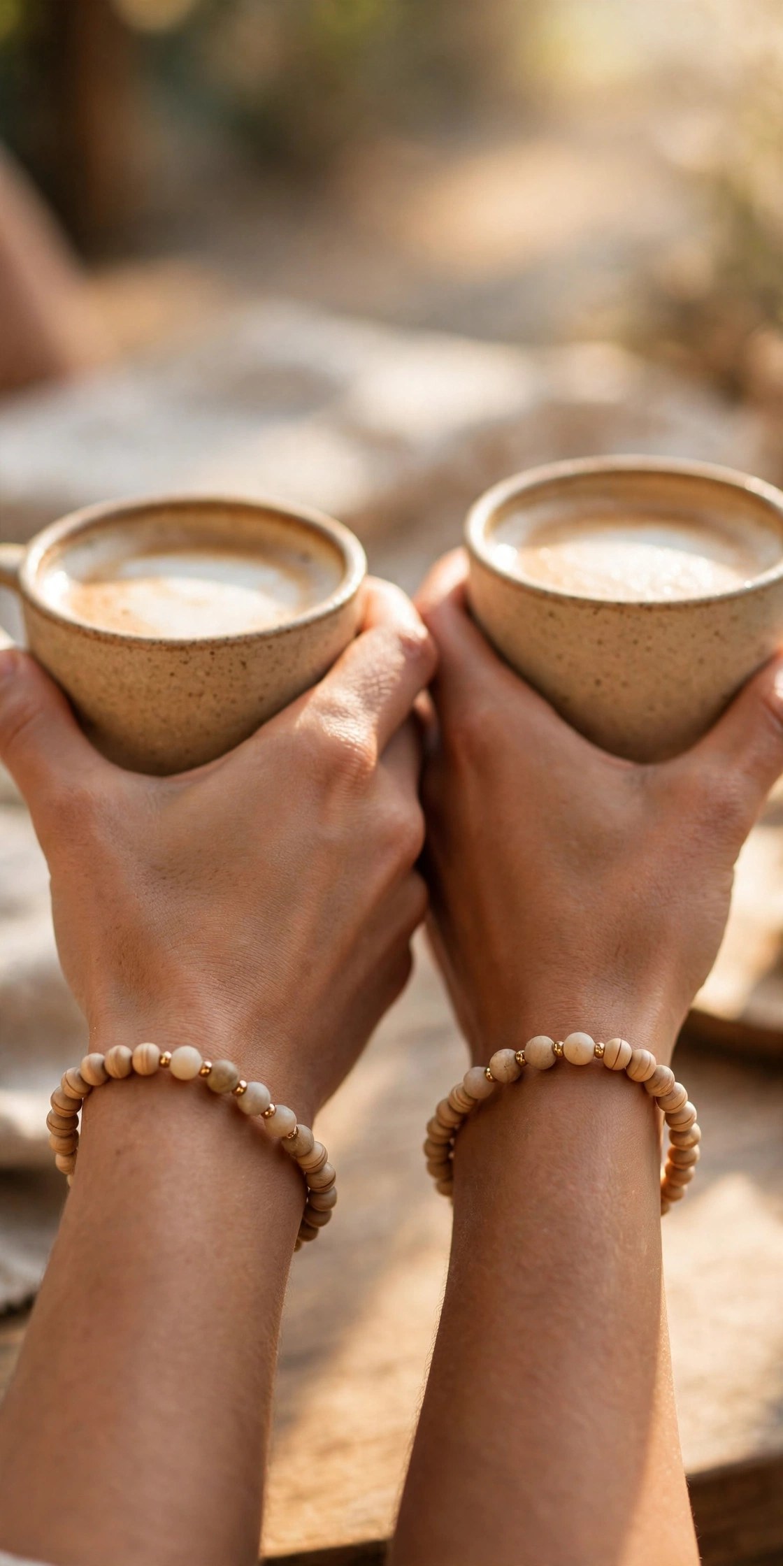 Two matching beaded friendship bracelets on wrists, best friend gift idea