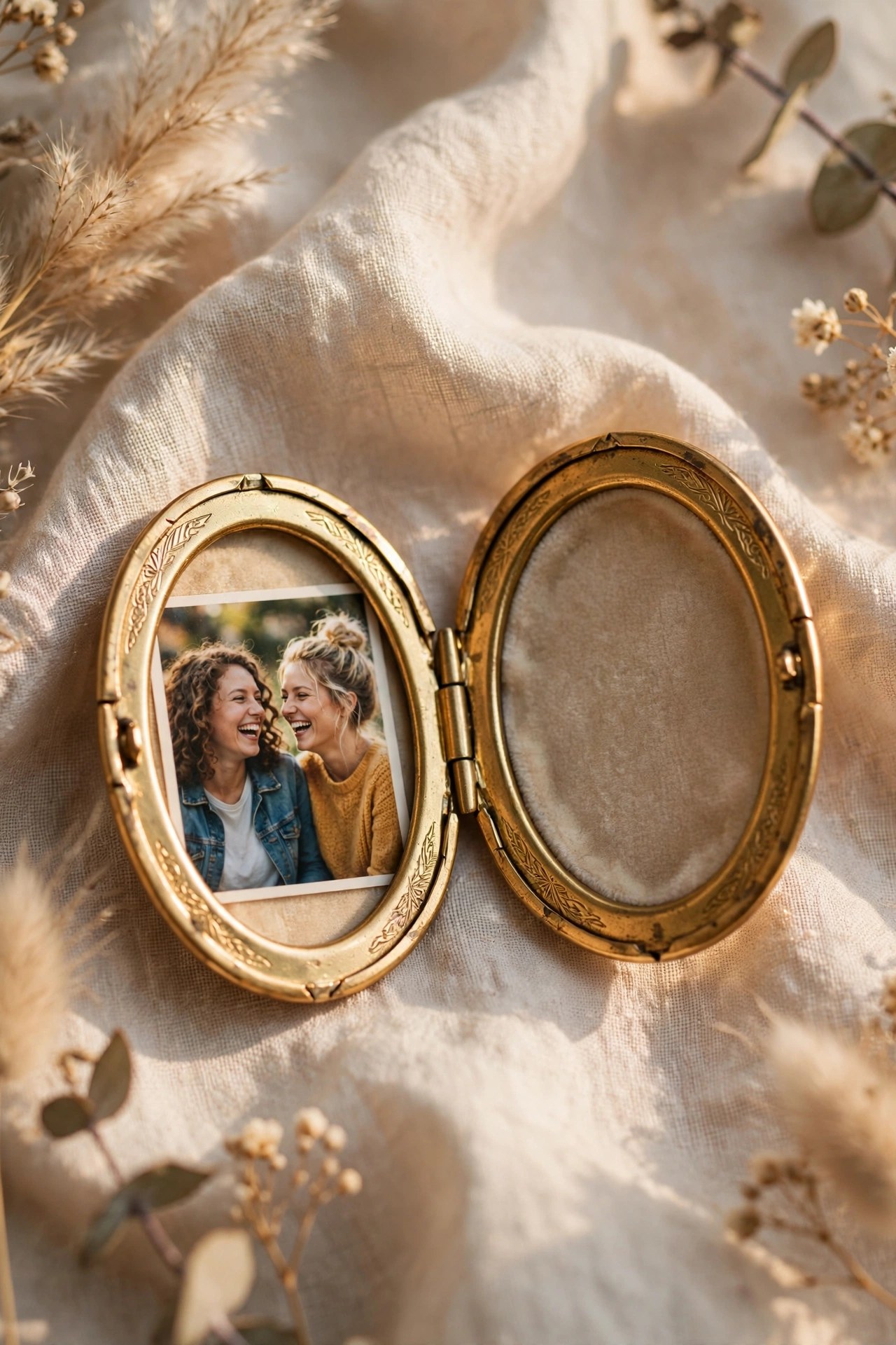 Open locket with a photo of two best friends inside, sentimental jewelry gift