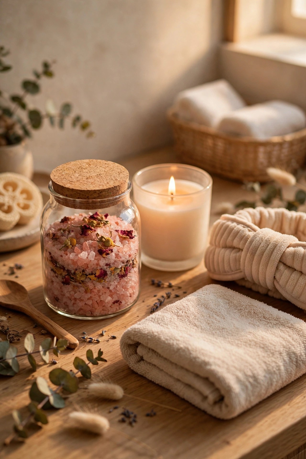 Spa night gift set with bath salts candle and headband, best friend pampering gift