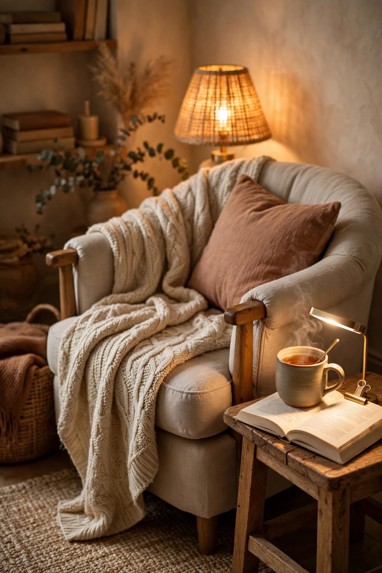 Cozy reading corner with throw blanket book light and tea, reading gift for friend