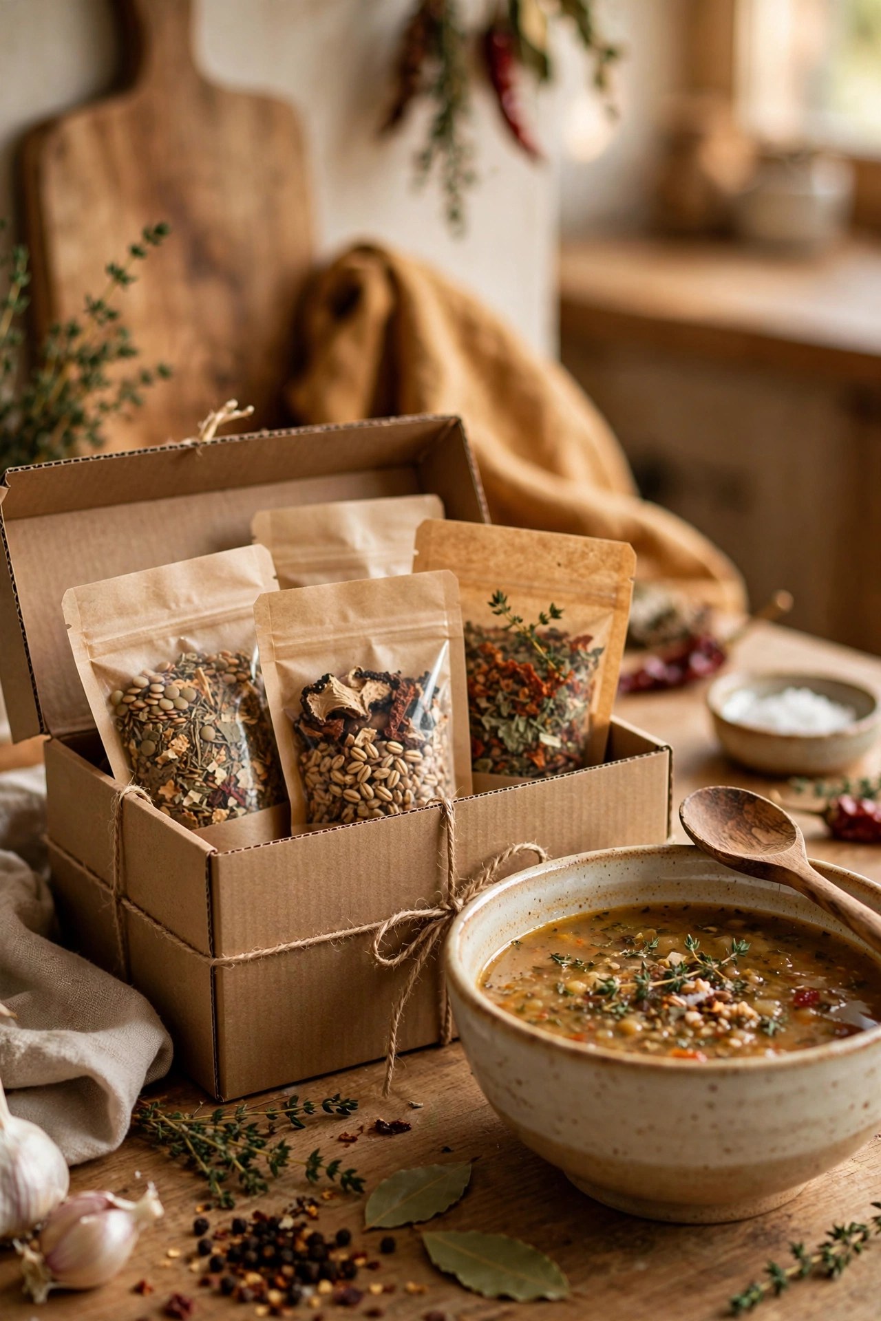 Gift box with soup mixes bowl and spoon, cozy soup lover gift for friend