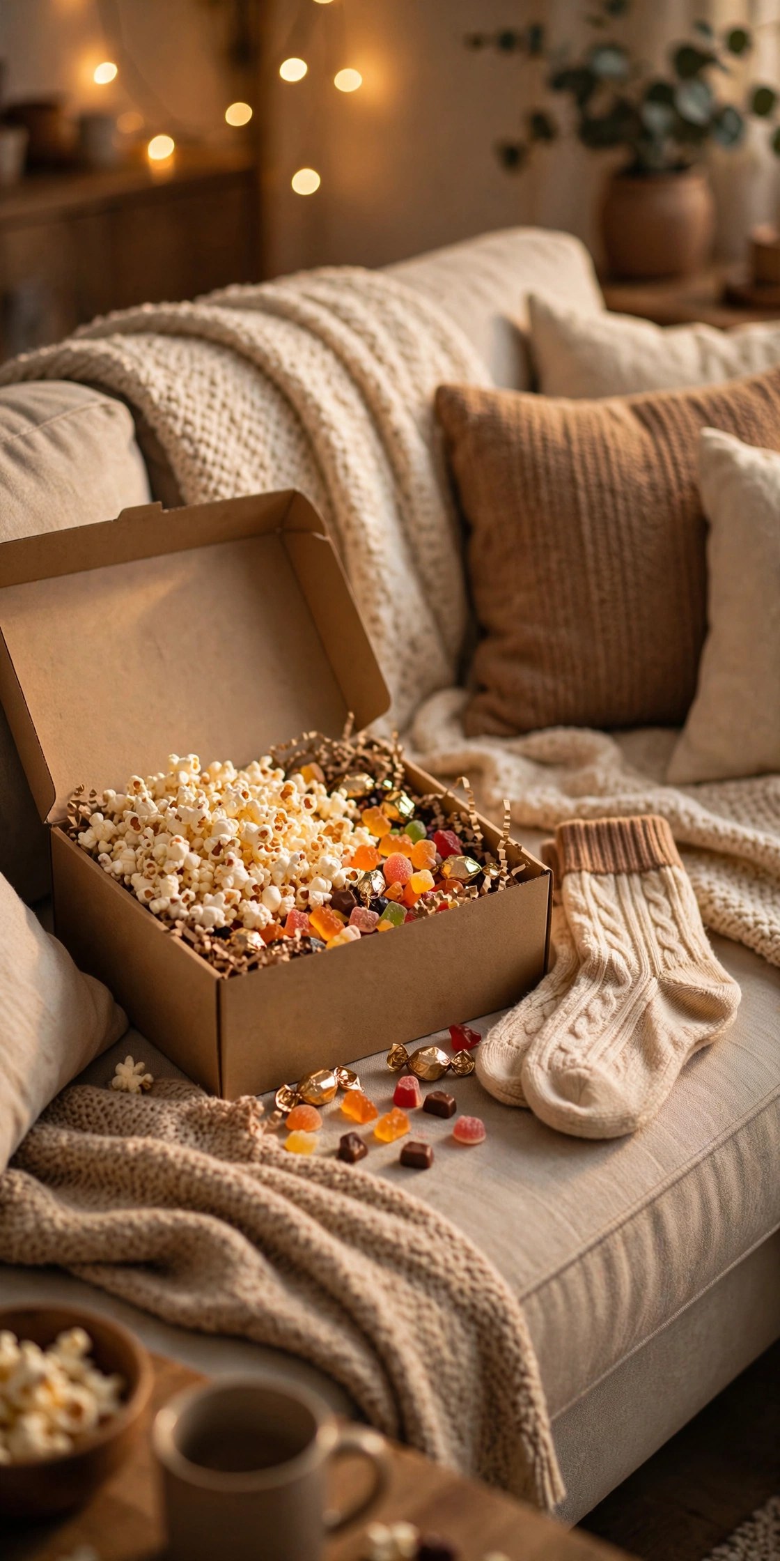 Movie night gift box with popcorn candy and cozy socks, fun gift for best friend