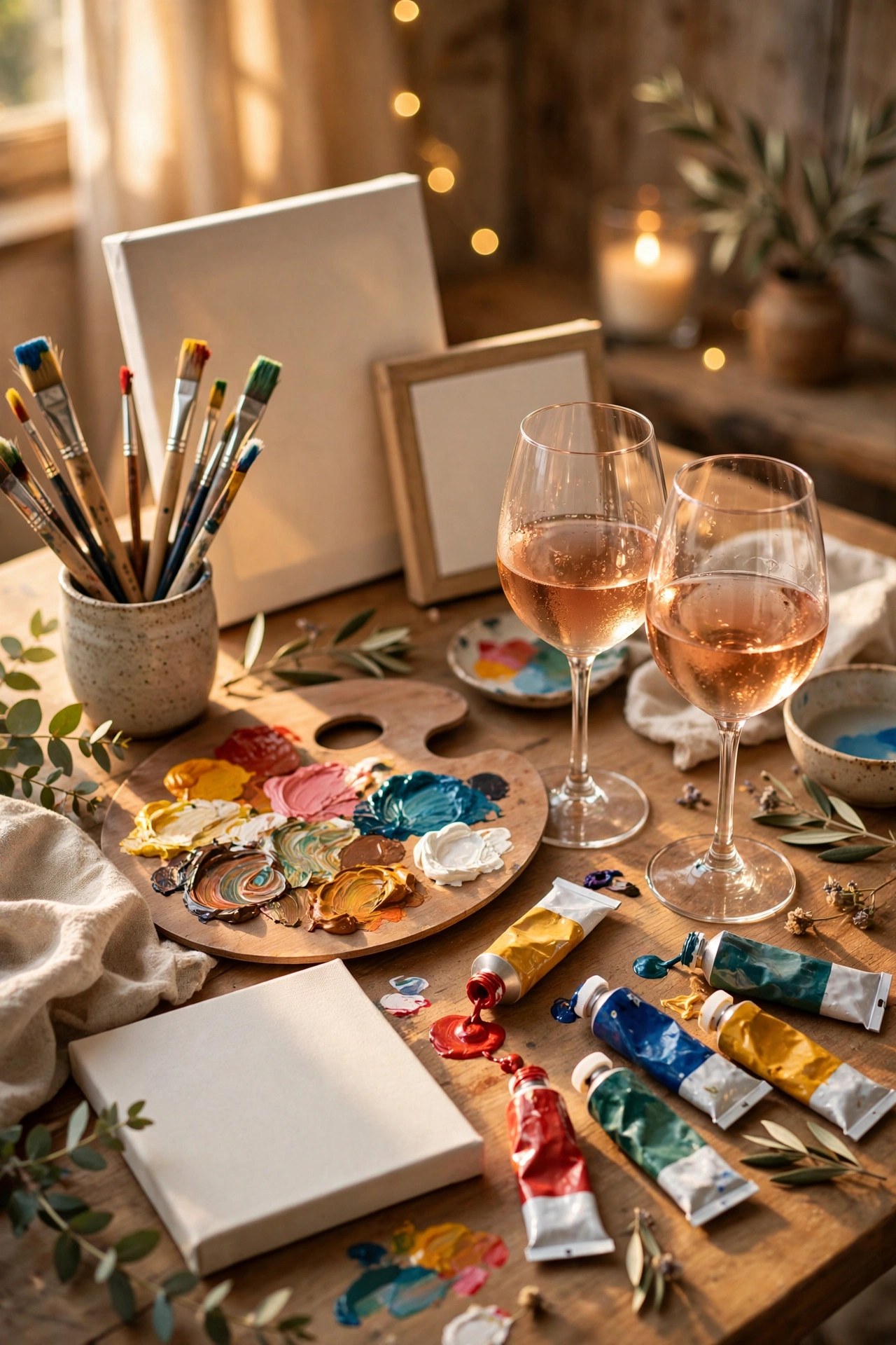 Paint supplies and wine glasses set for a paint night at home, fun friend gift