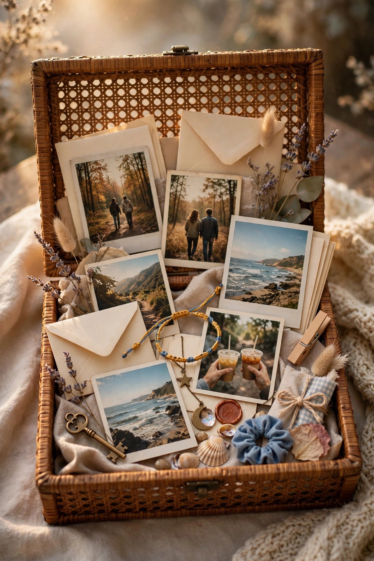 Decorative box filled with friendship mementos and letters, time capsule gift for friends