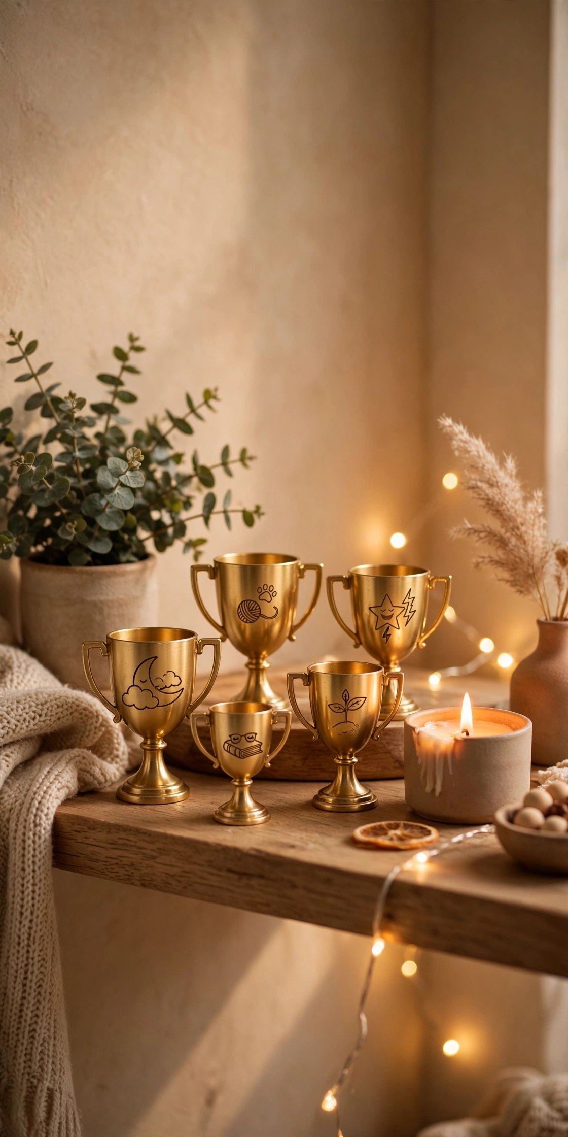 Small golden trophies with funny award categories, playful best friend gift