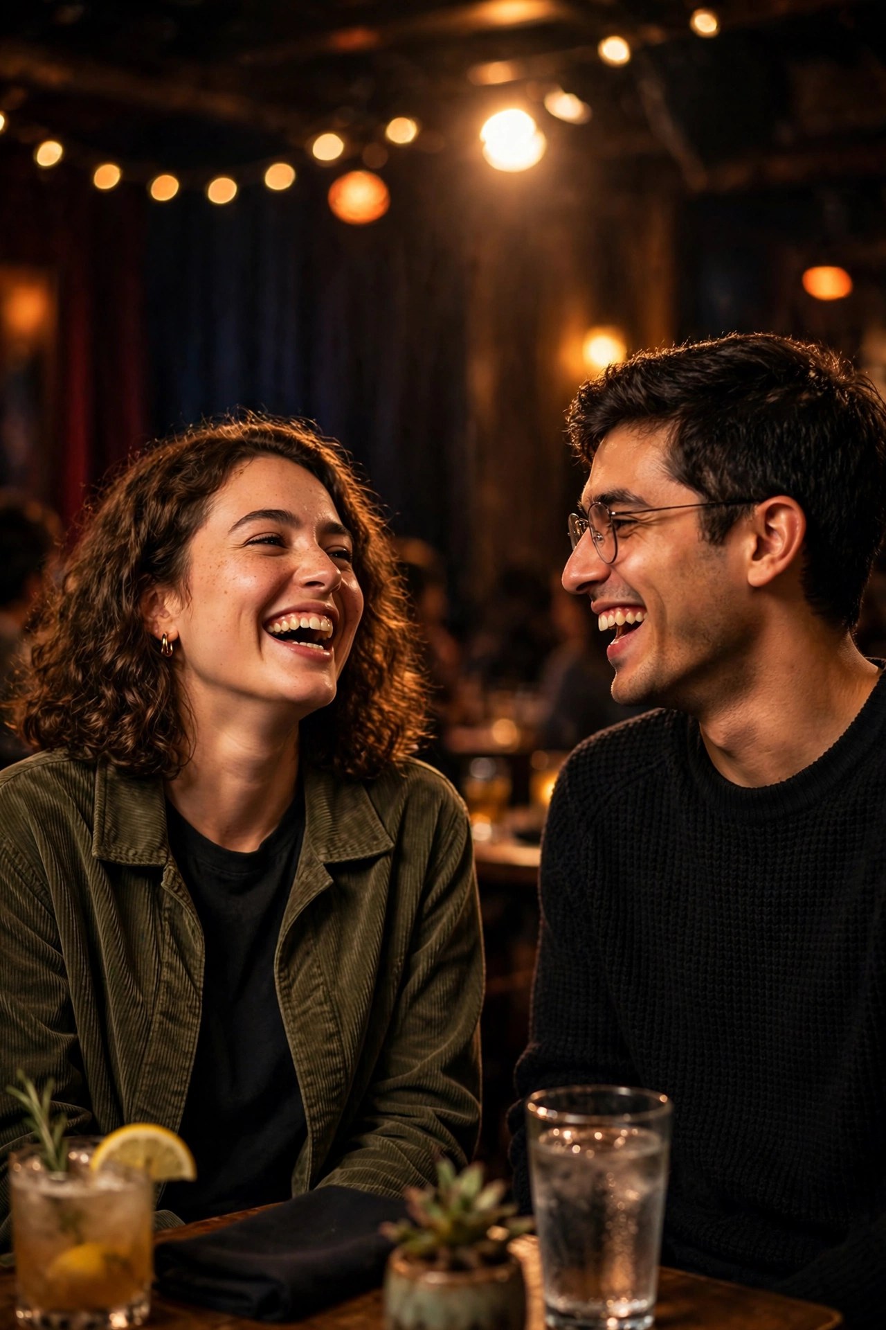 Two friends laughing at a comedy club show, fun night out gift for best friend