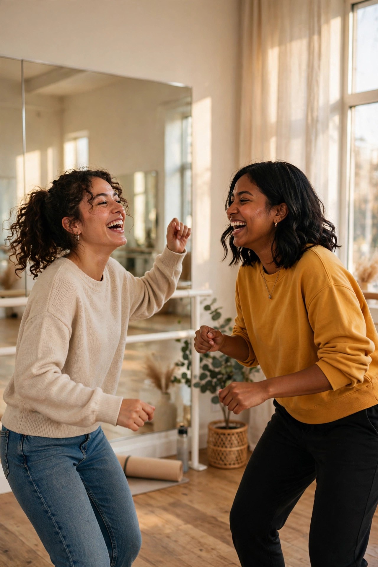 Two friends laughing while learning to dance in a bright studio, fun experience gift
