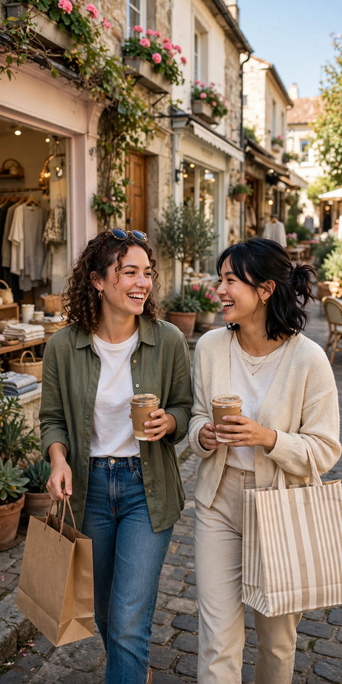Two friends enjoying a charming shopping street with coffee, fun day out gift