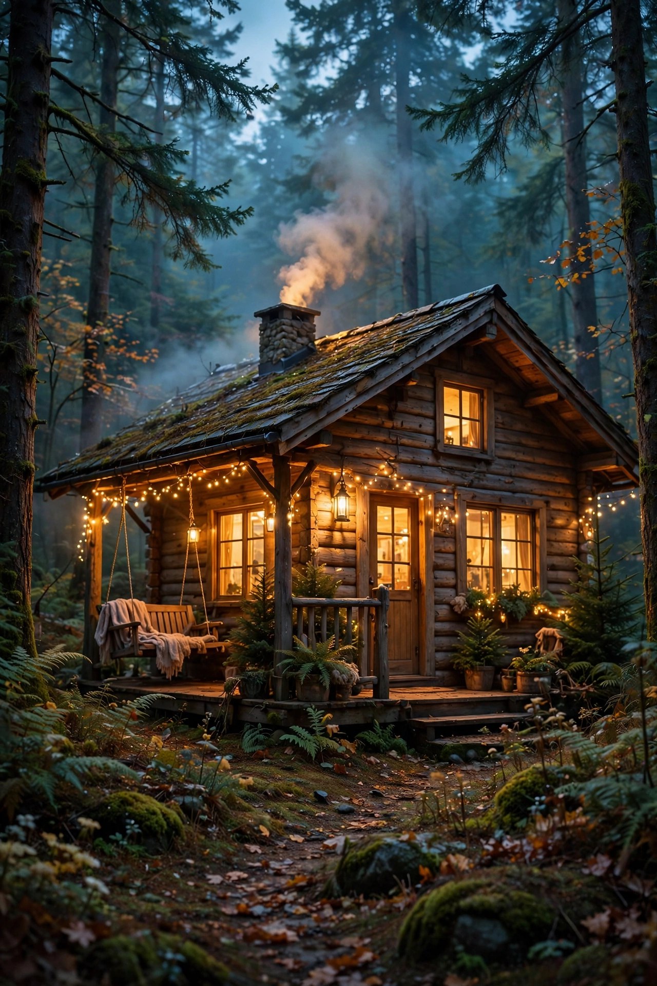 Cozy cabin in the woods with warm lights, weekend getaway gift for best friends