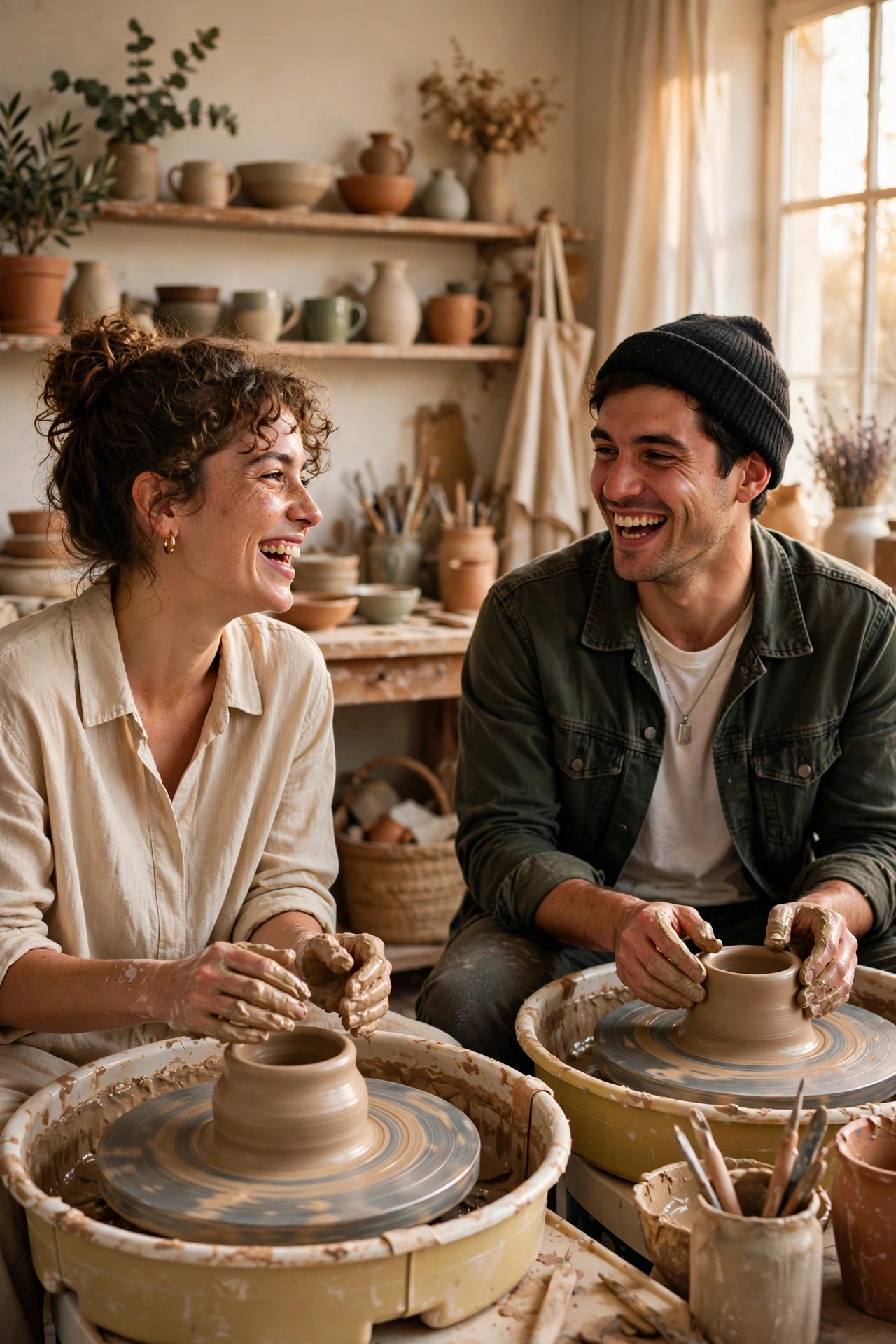 Two friends laughing while shaping clay in a pottery class, shared experience gift