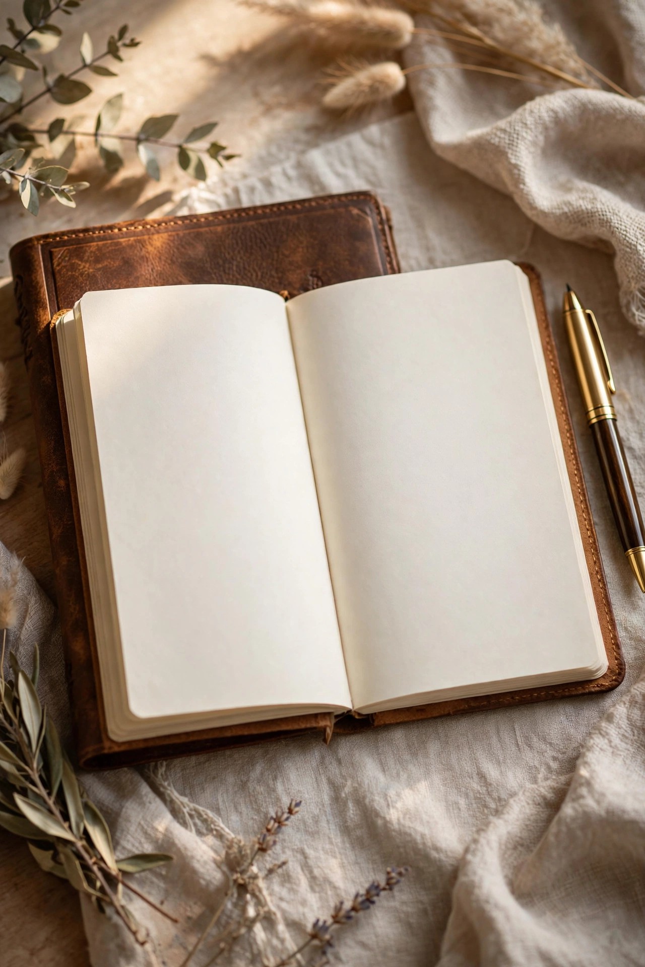 Elegant journal with new chapter written on first page beside a pen