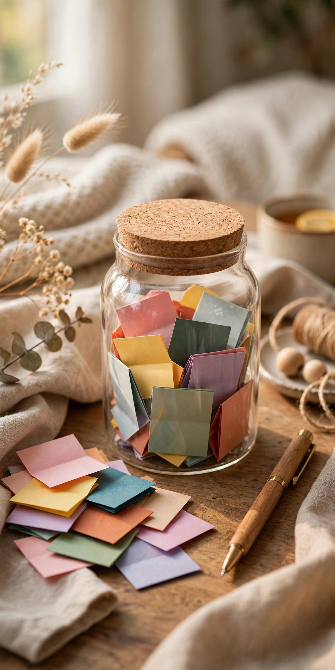 Memory jar kit with colorful slips of paper and a pen on a table