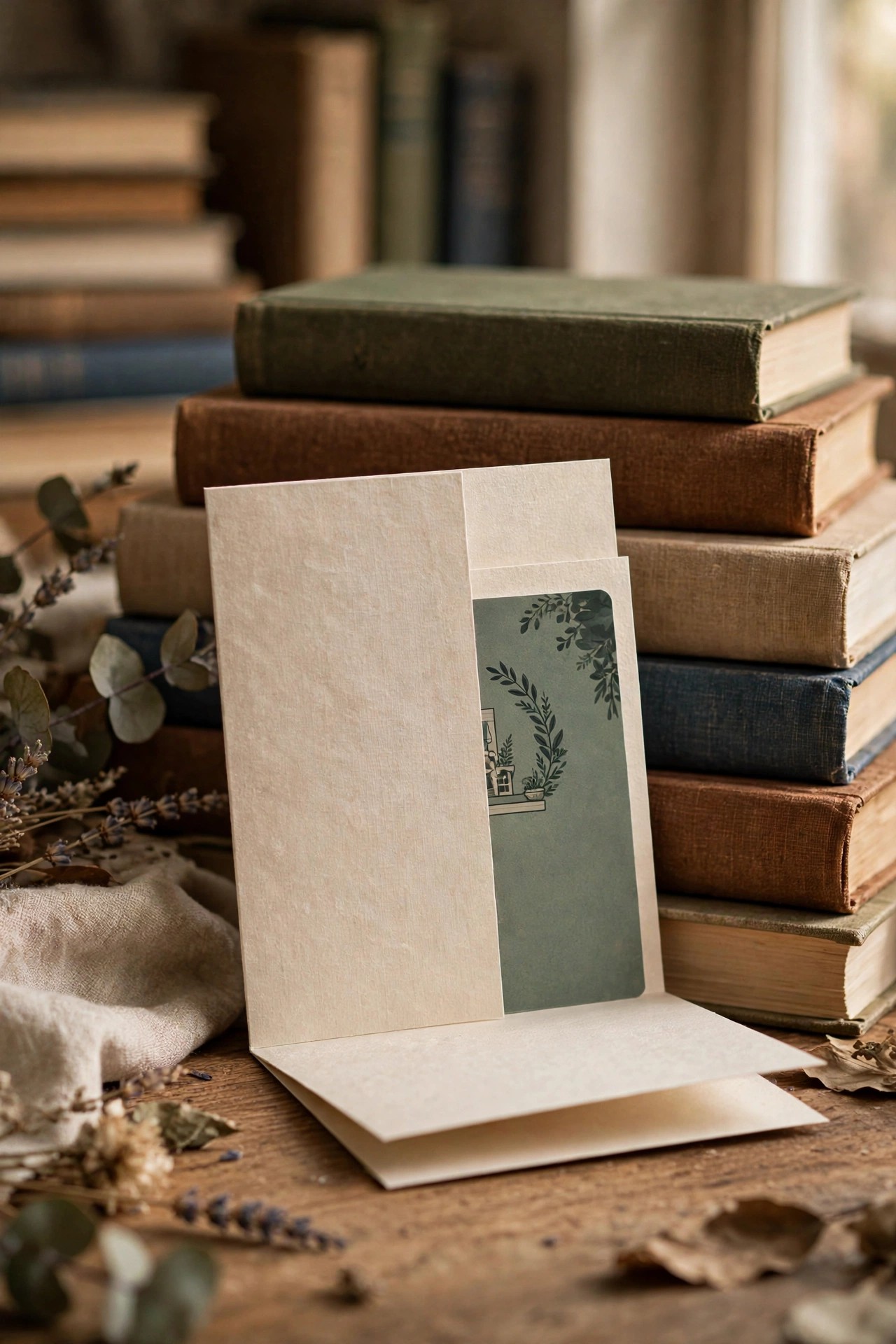 Bookshop gift card tucked into a greeting card with books behind