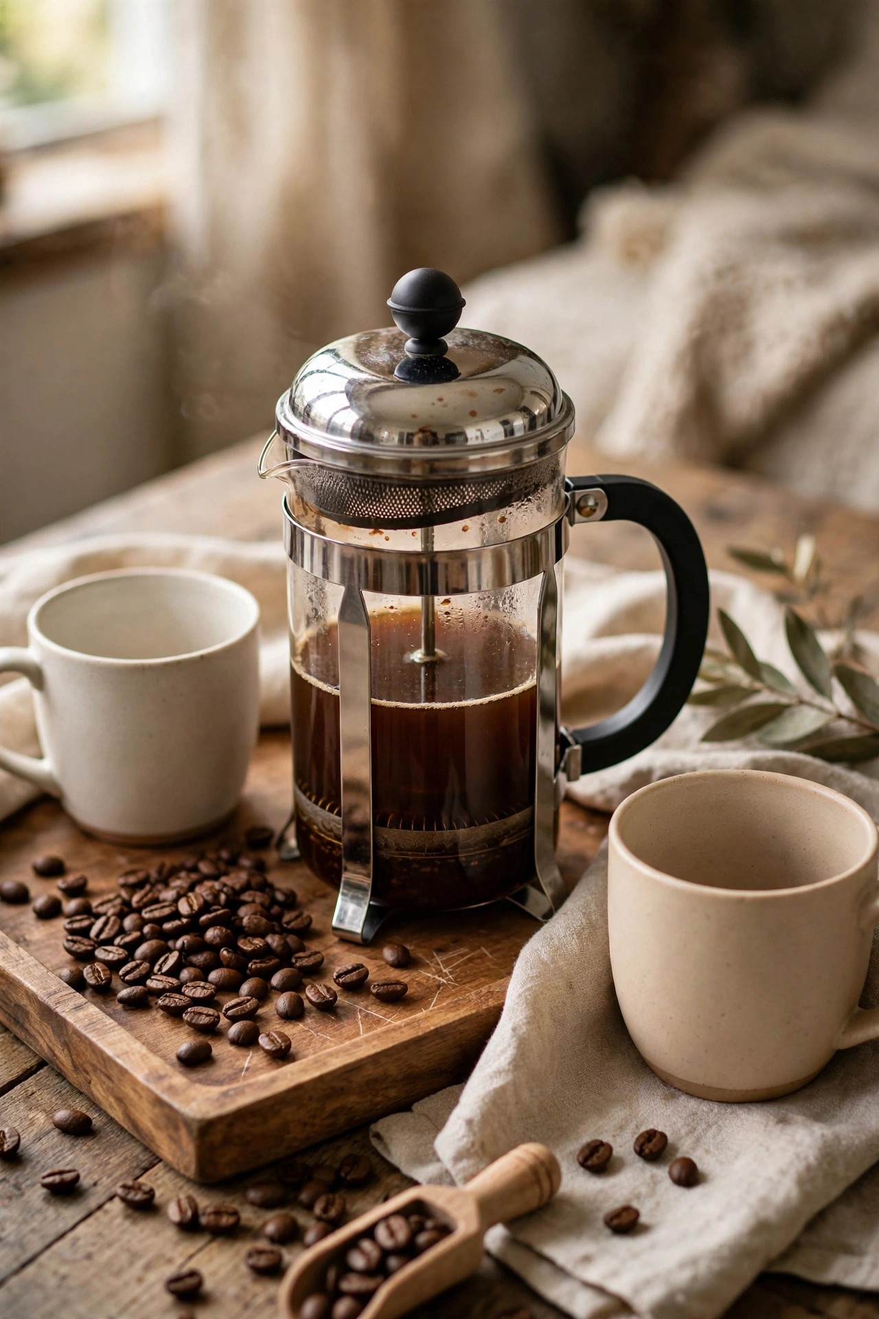 French press with coffee beans and ceramic mugs on a wooden tray