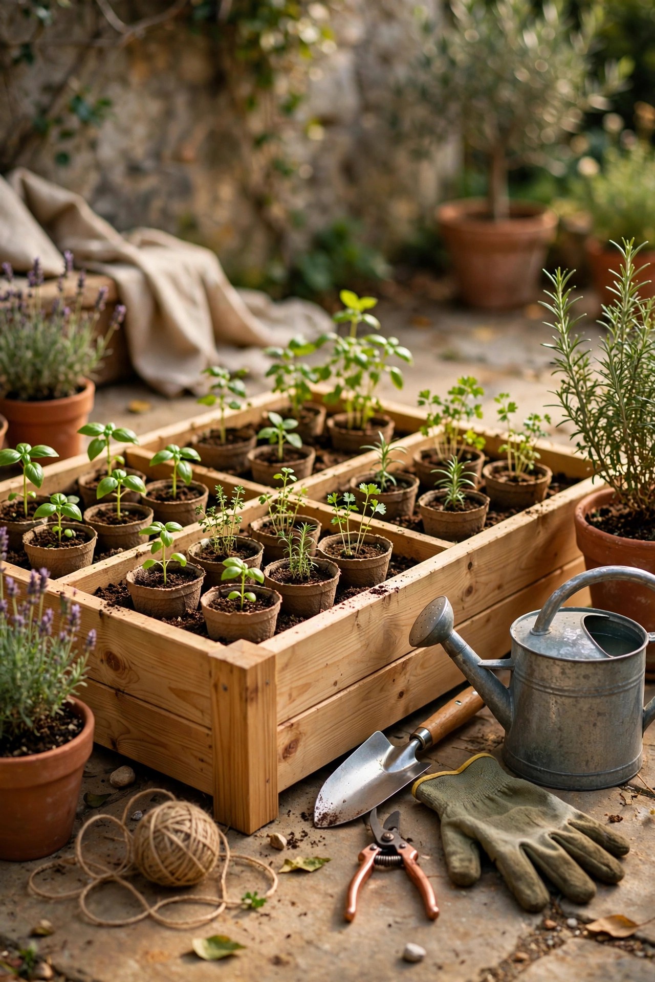 Raised herb garden kit with seedlings and tools on a patio