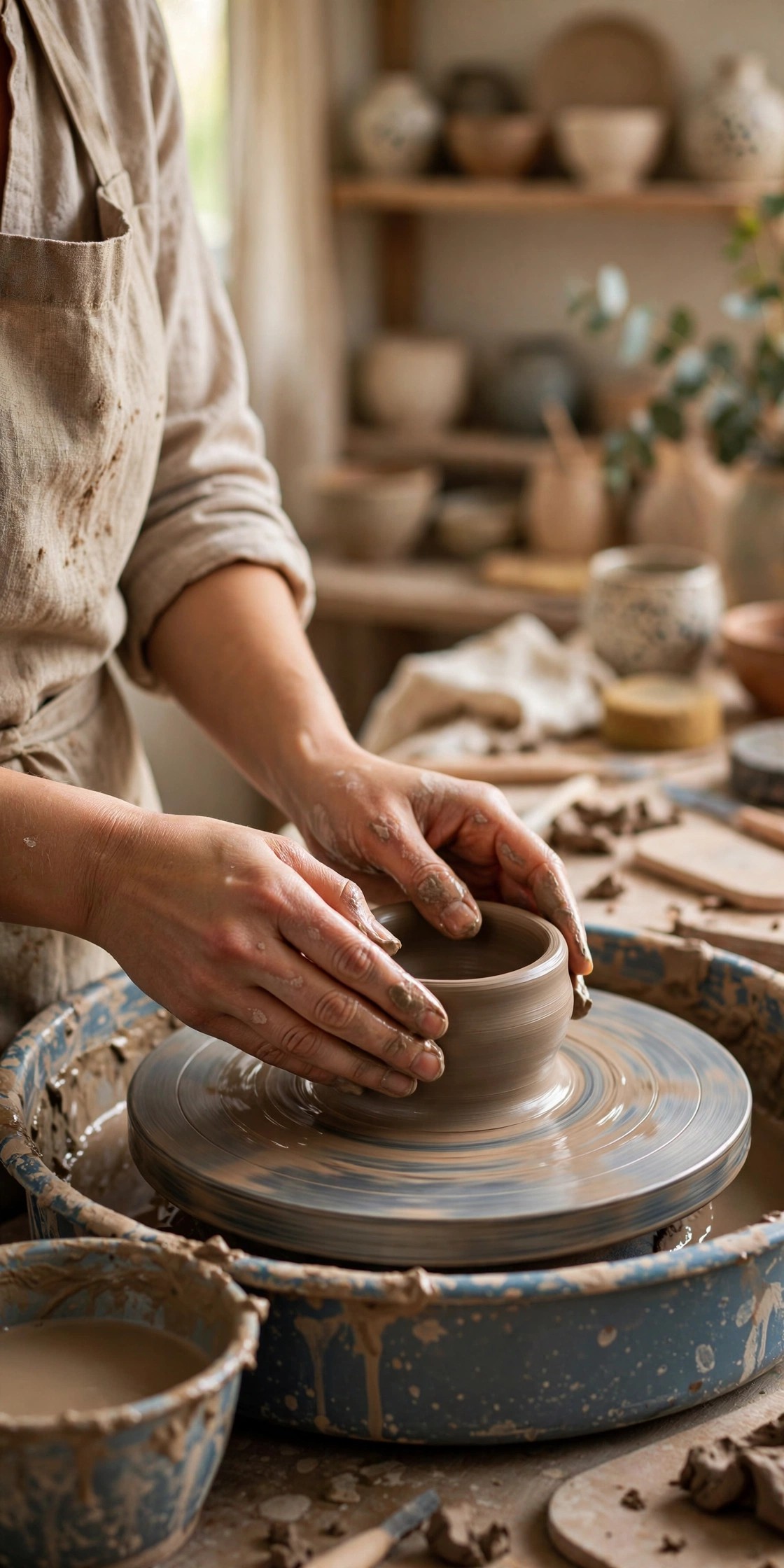 Pottery class with hands shaping clay on a wheel
