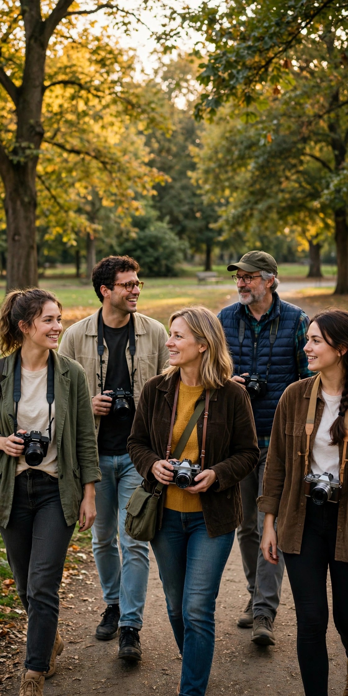 Photography workshop group walking with cameras in a scenic park
