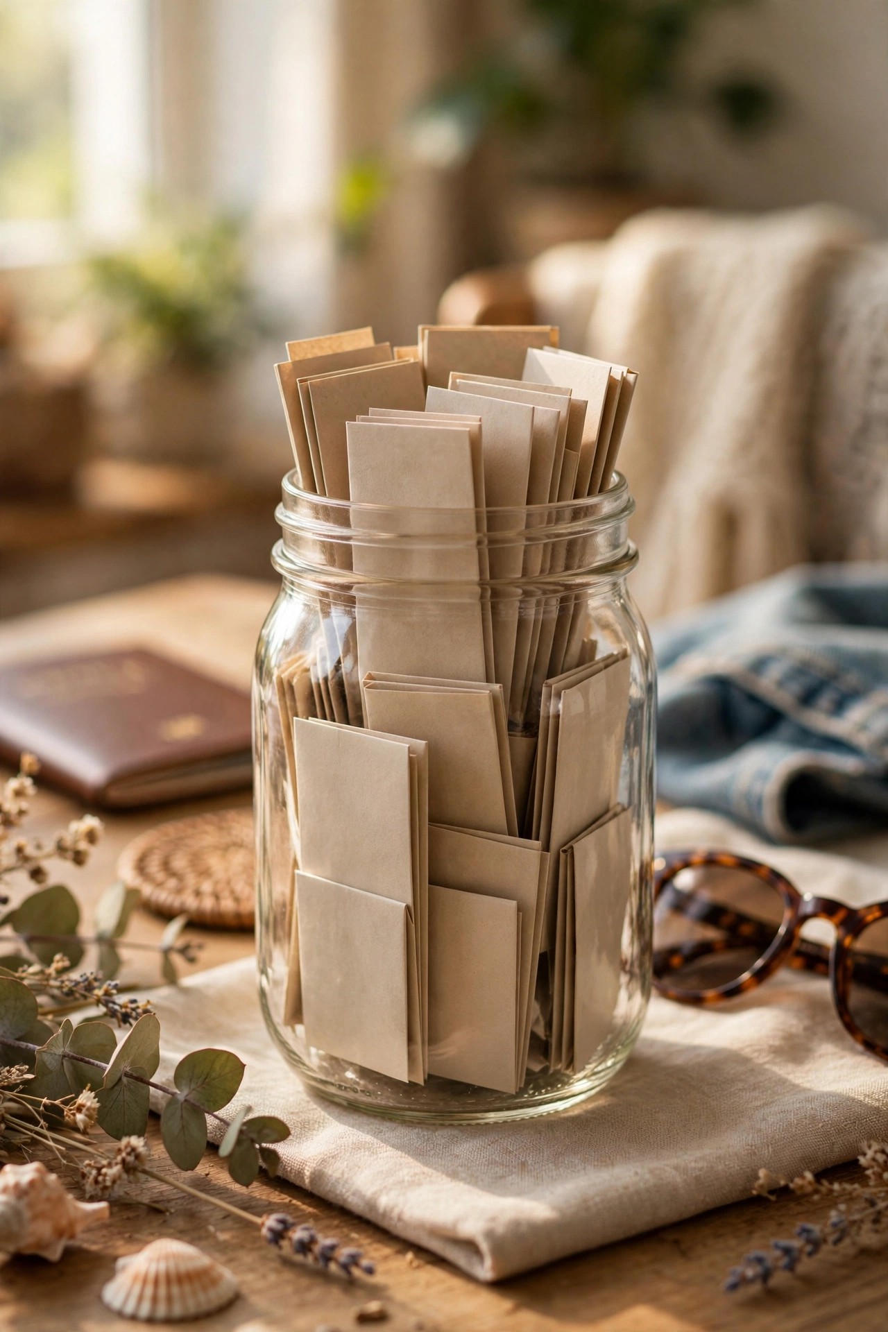 Glass jar filled with savings notes labeled for a weekend getaway