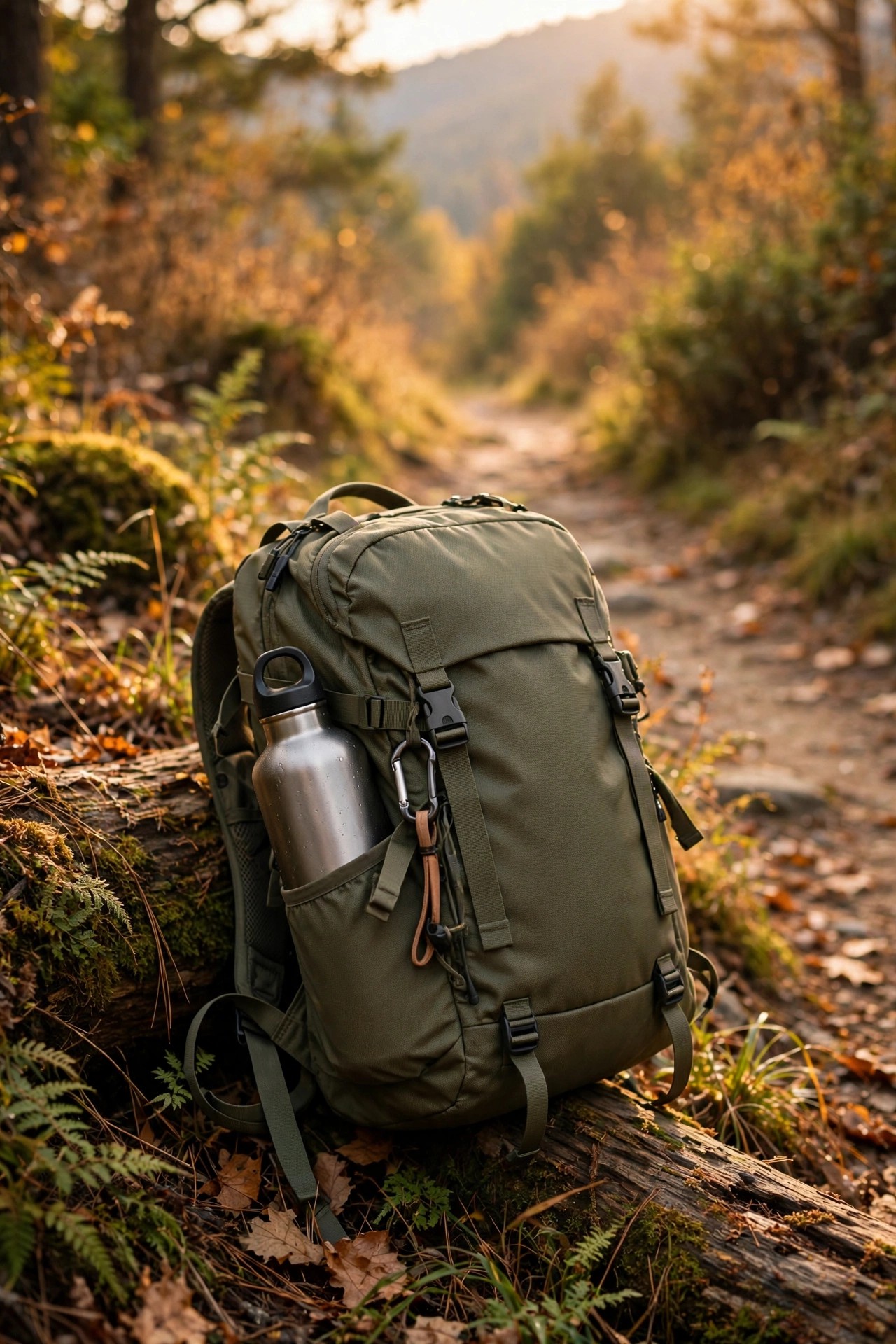 Quality daypack with a water bottle on a scenic walking trail