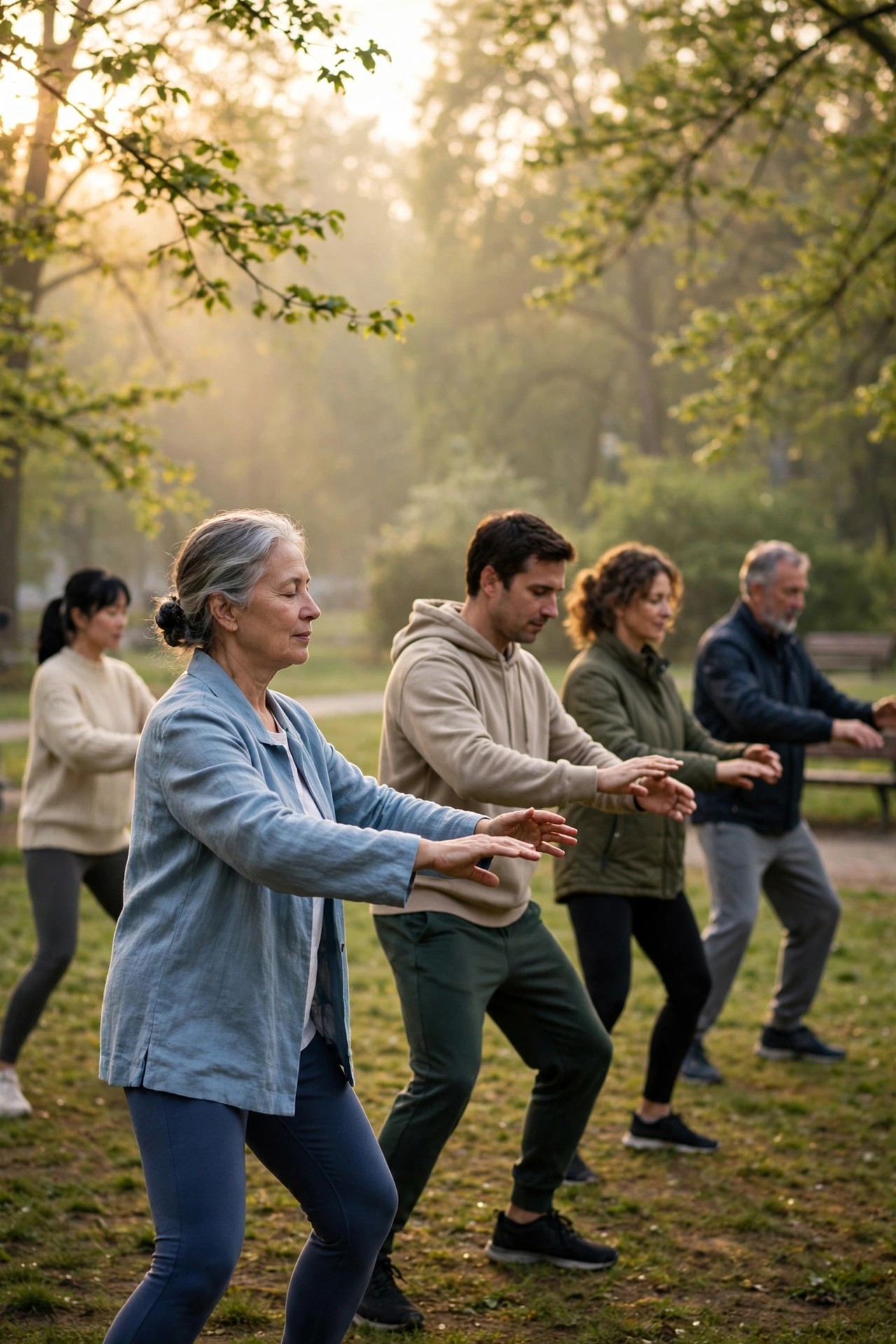 Gentle outdoor tai chi class in a park at sunrise