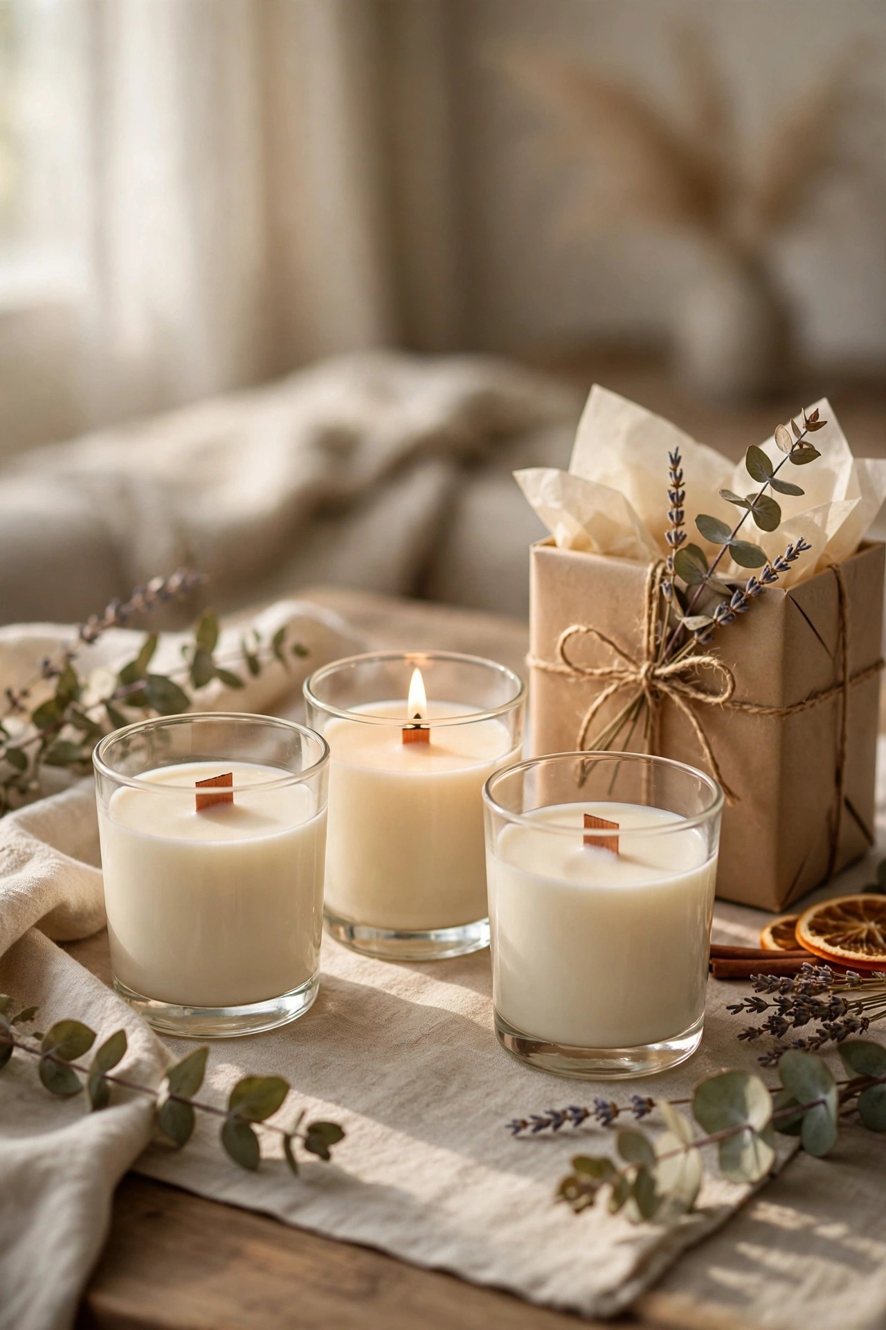 Trio of elegant soy candles in glass jars with gift packaging