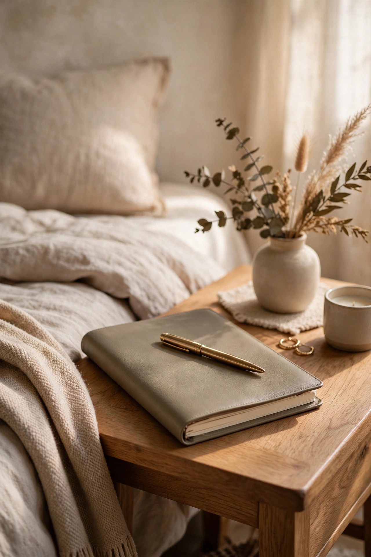 Elegant guided journal with a pen on a bedside table