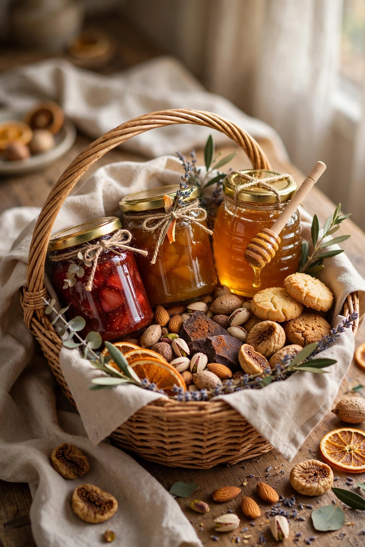 Gourmet food gift basket with jams, honey and treats