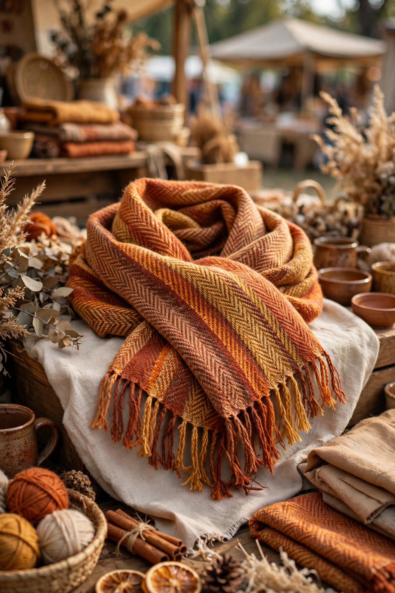 Handwoven scarf in warm colors displayed at a craft market
