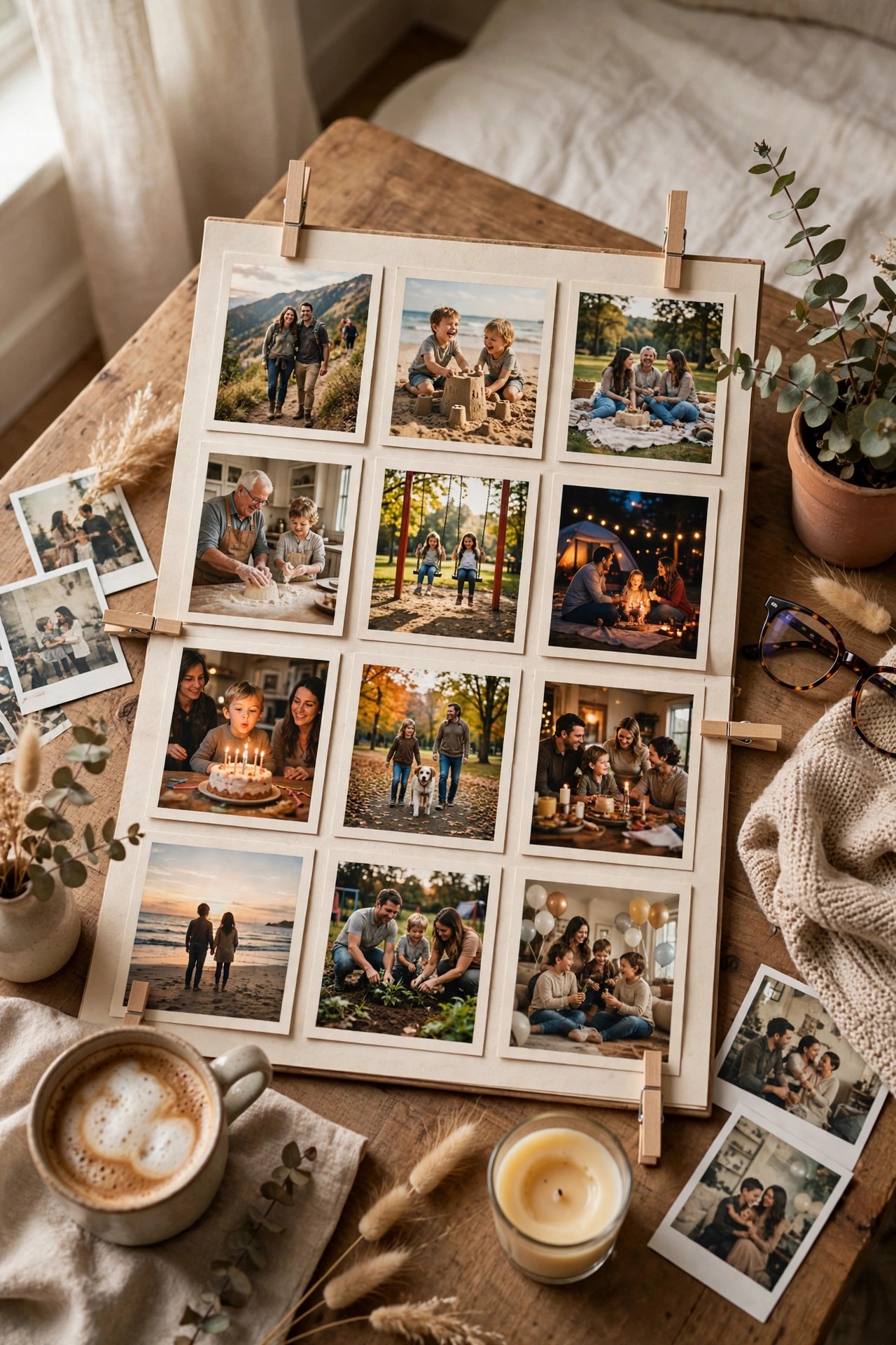 Custom wall calendar with family photos on a desk