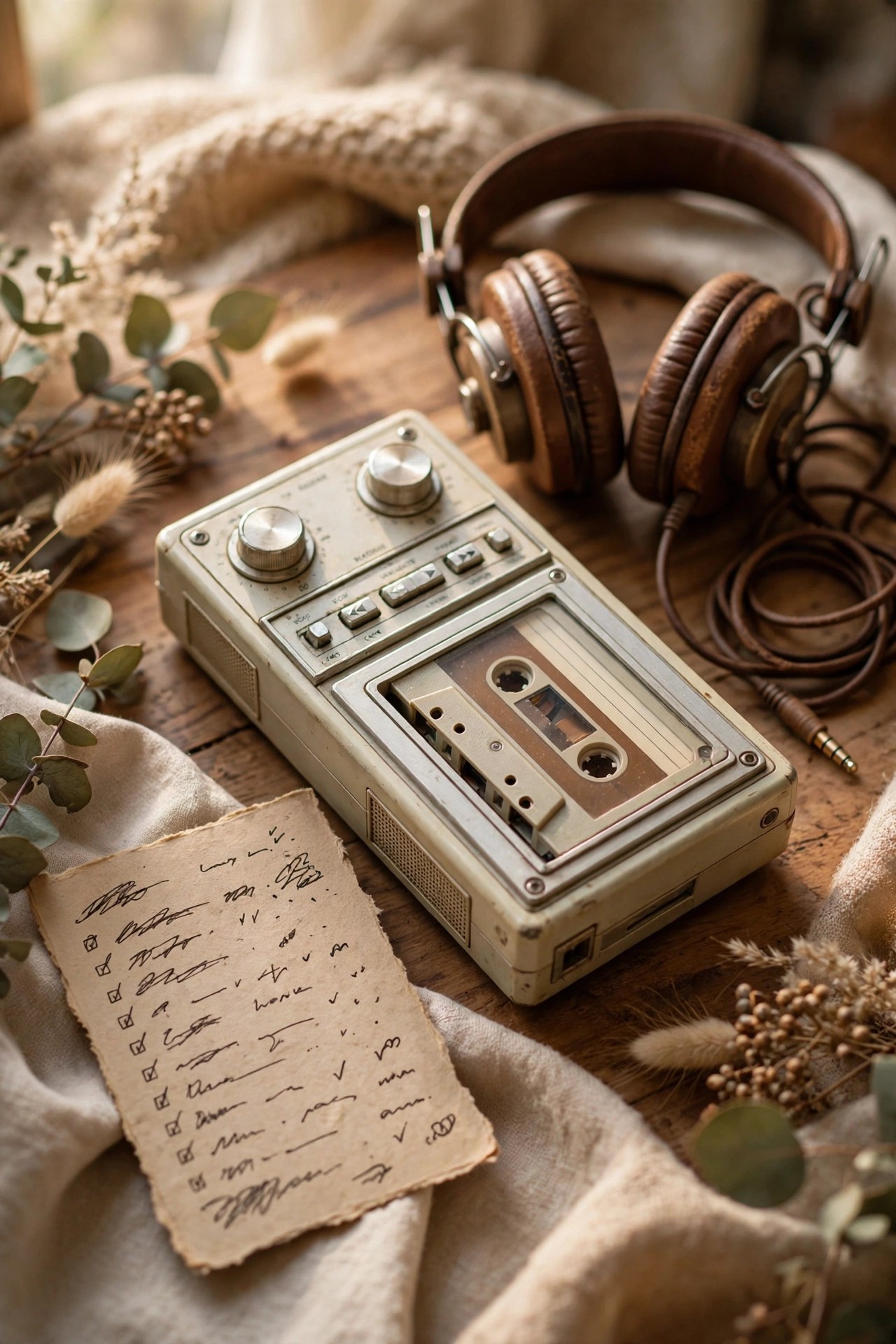 Vintage style music player with headphones and a handwritten playlist card
