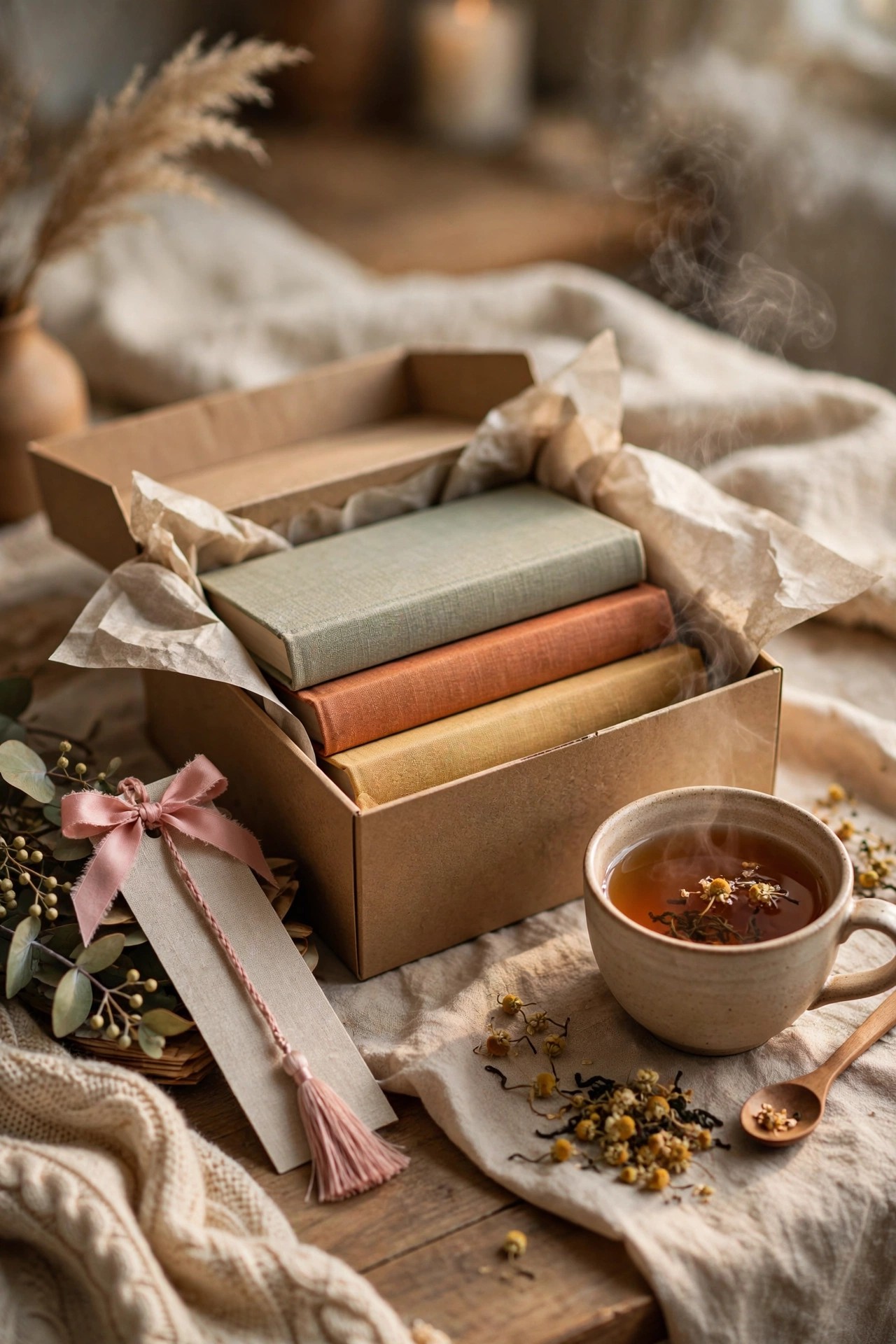 Gift box with books, tea and a bookmark tied with ribbon