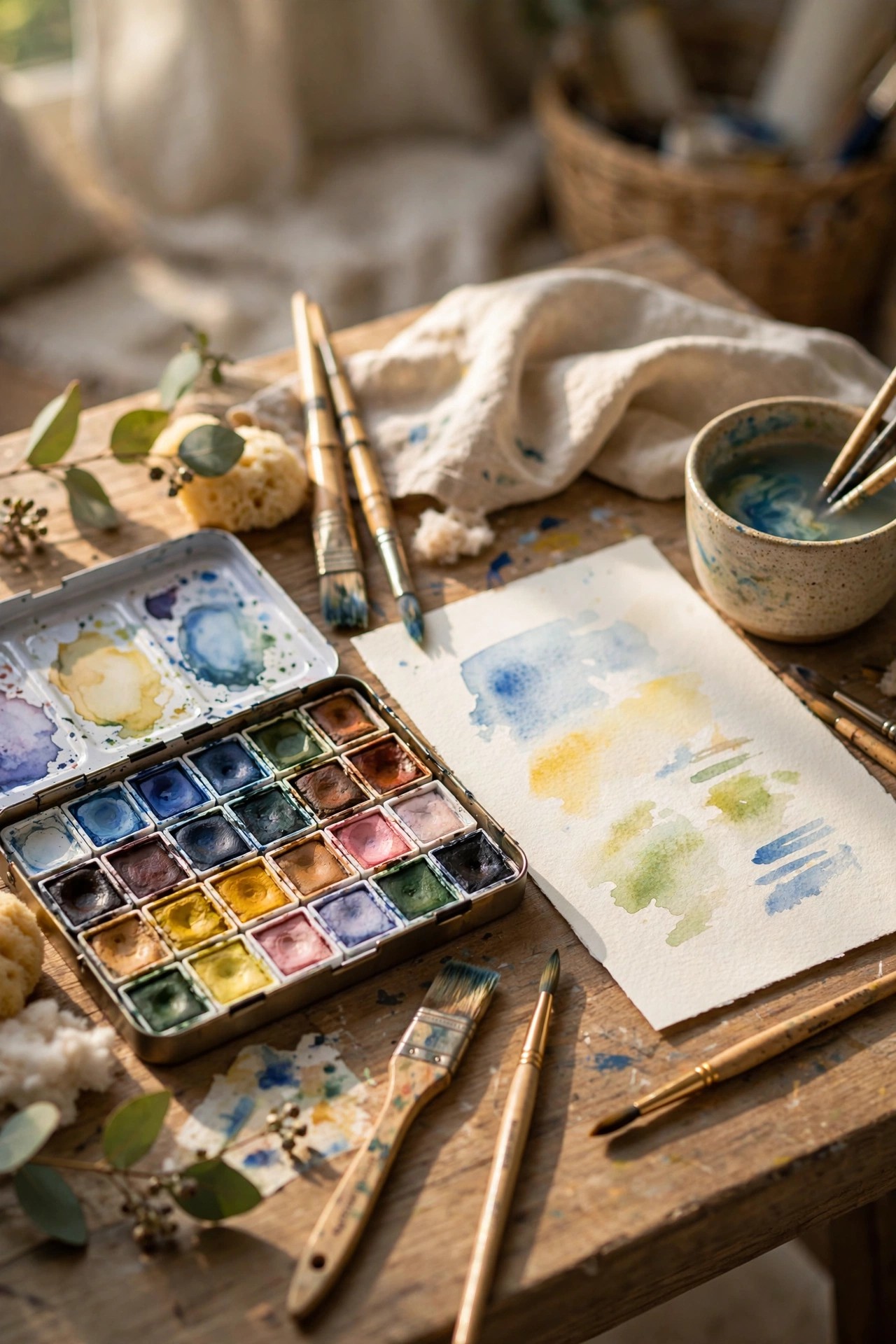 Watercolor paint set with brushes and paper on an art table