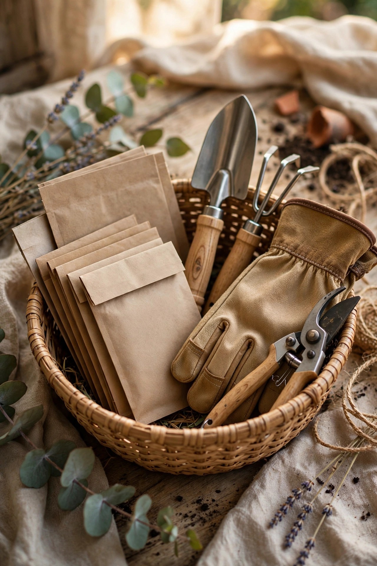 Gardening gift kit with seed packets, gloves and tools in a basket