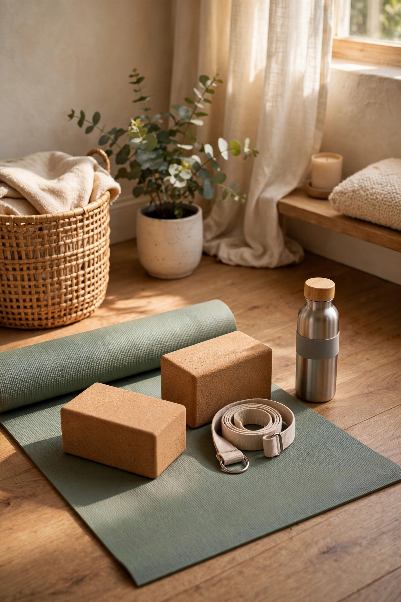 Yoga mat with blocks, strap and a water bottle in a calm room