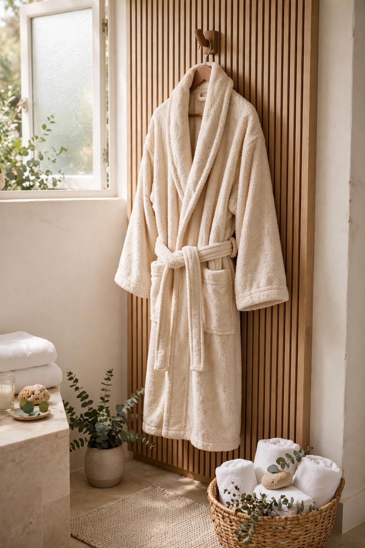 Plush spa-style robe hanging in a bright bathroom
