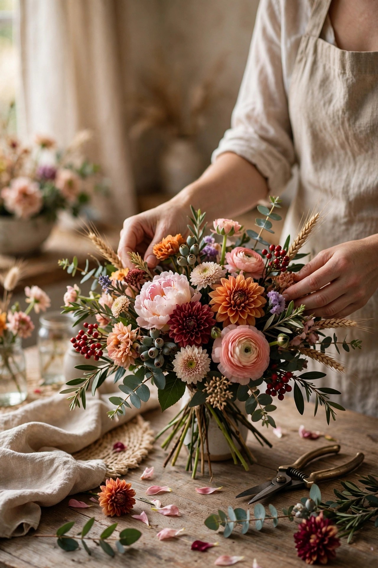 Fresh flower bouquet being arranged with seasonal blooms