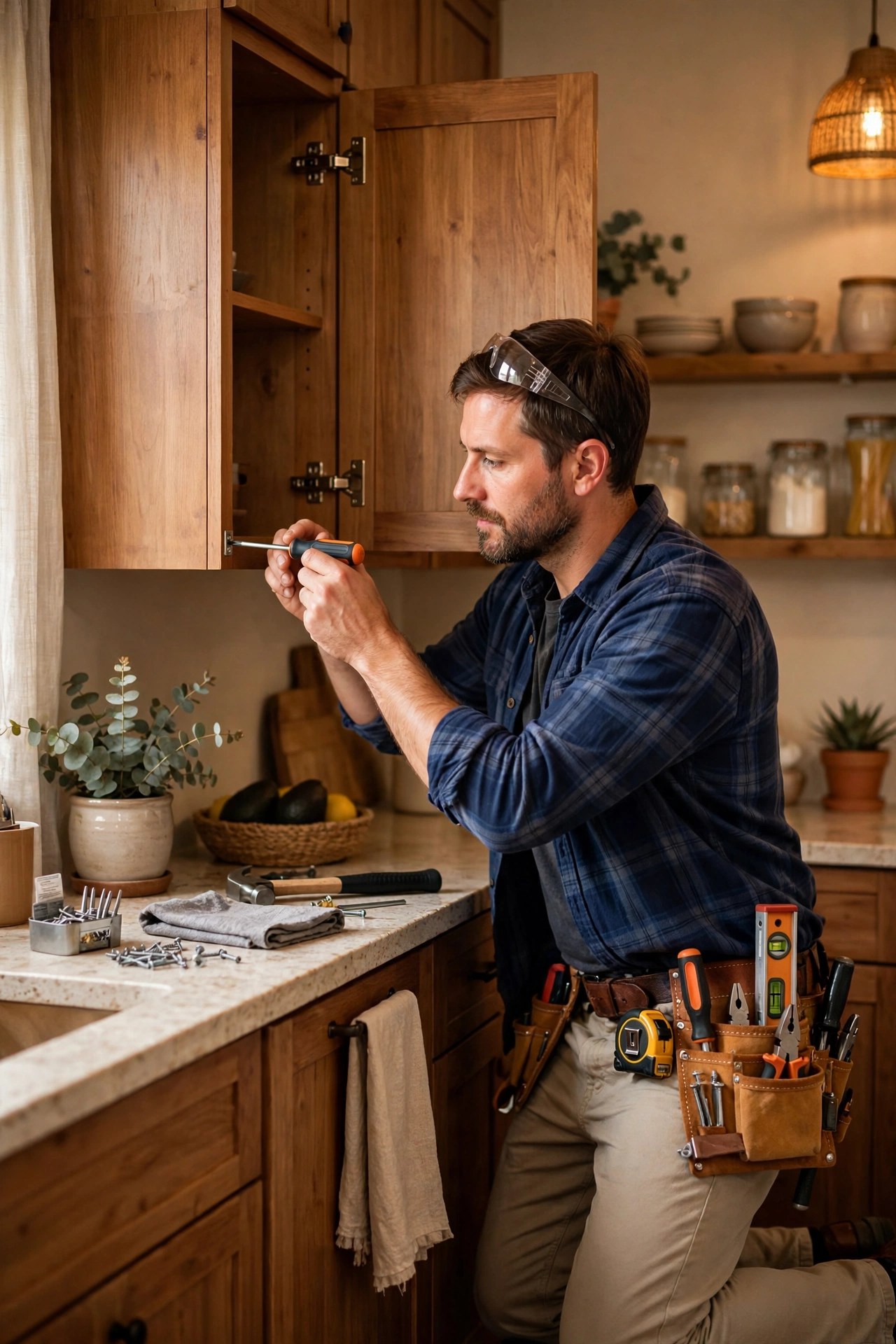 Handyman fixing a kitchen cabinet, practical gift voucher for mom who has everything