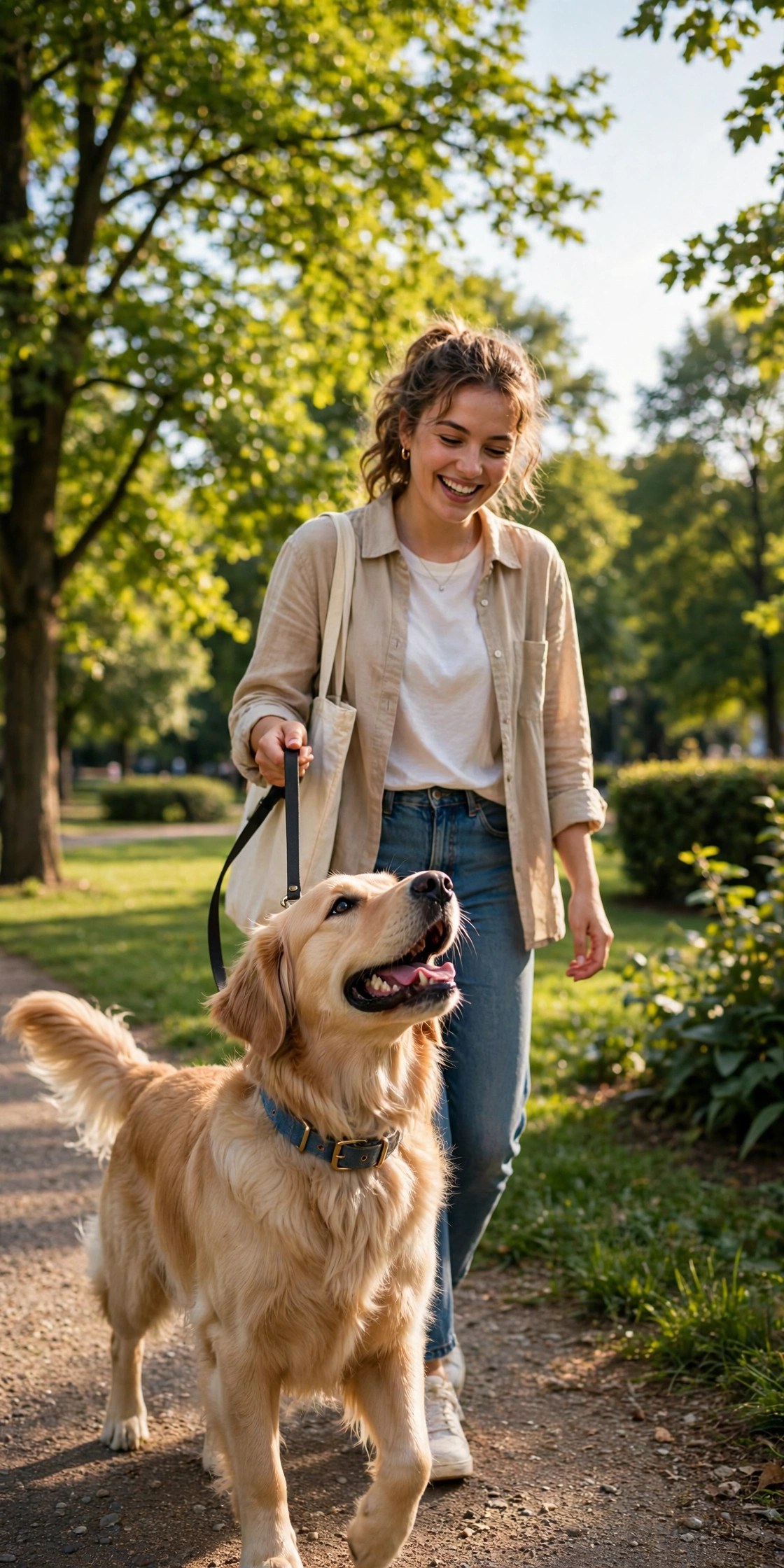 Happy dog being walked in a sunny park, dog walking service gift for pet loving mom
